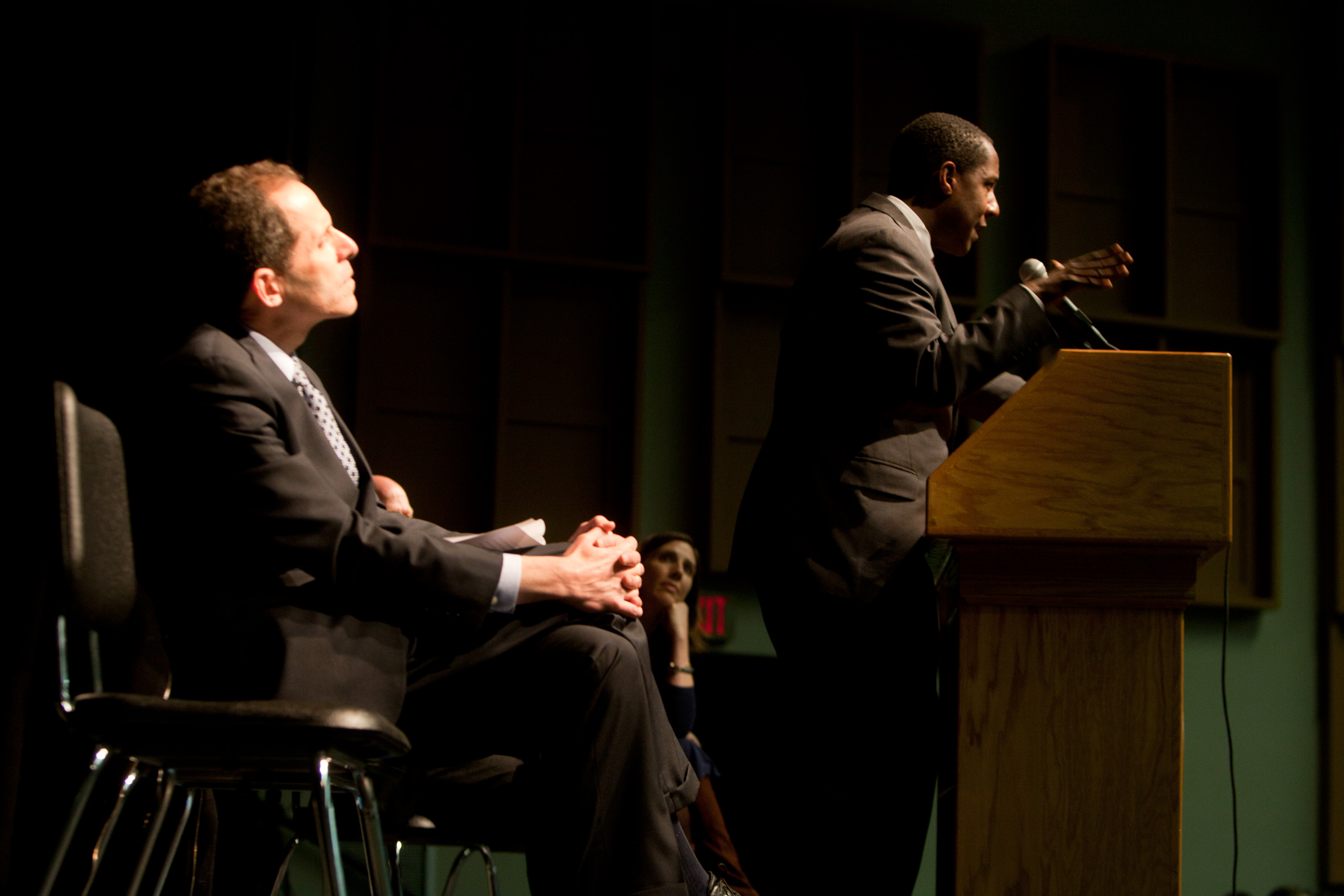 Newton Mayor Setti Warren spoke at the meeting as school superintendant David Fleishman listened.