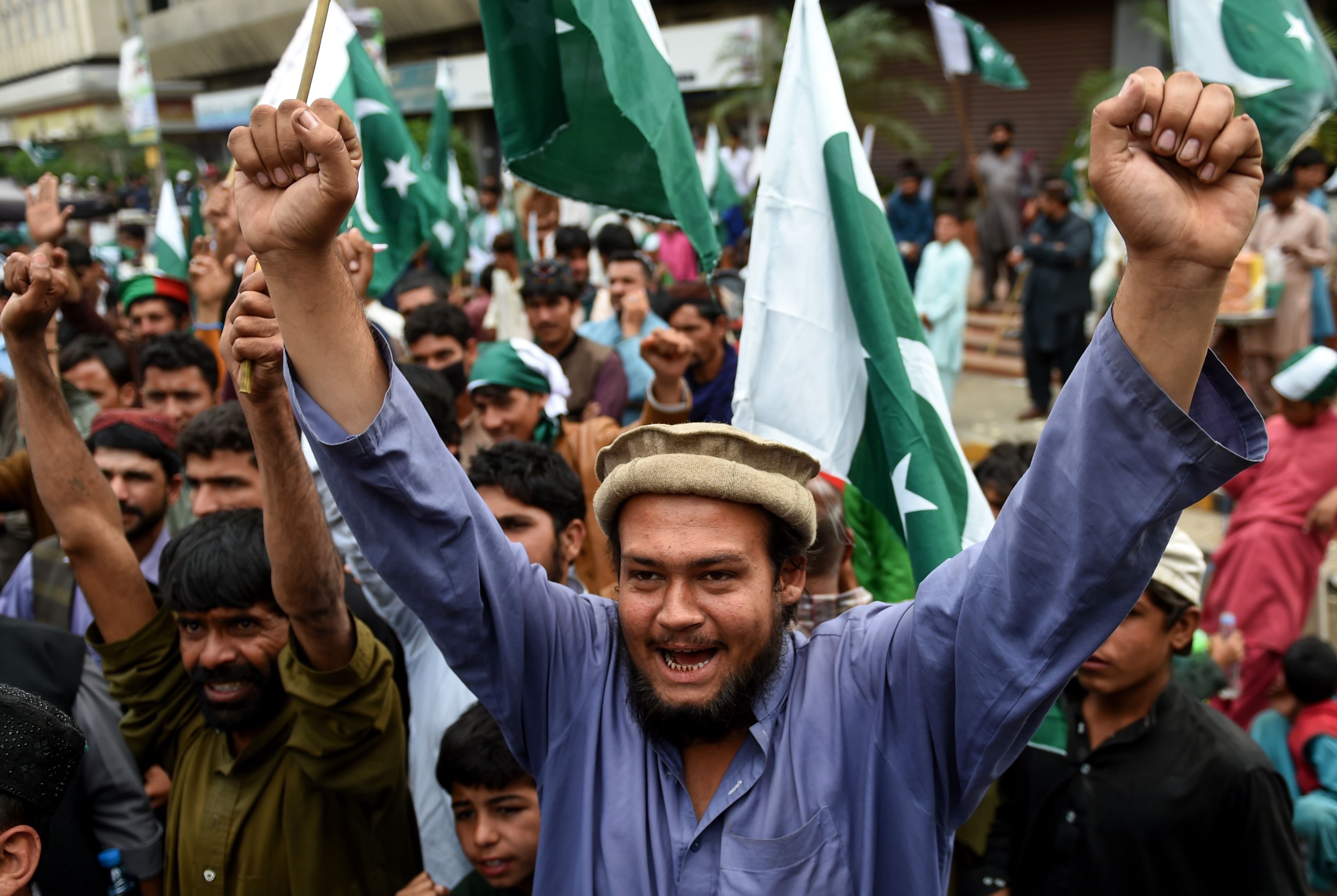 Pakistani demonstrators held national flags and shouted slogans during an anti-Indian protest in Karachi.
