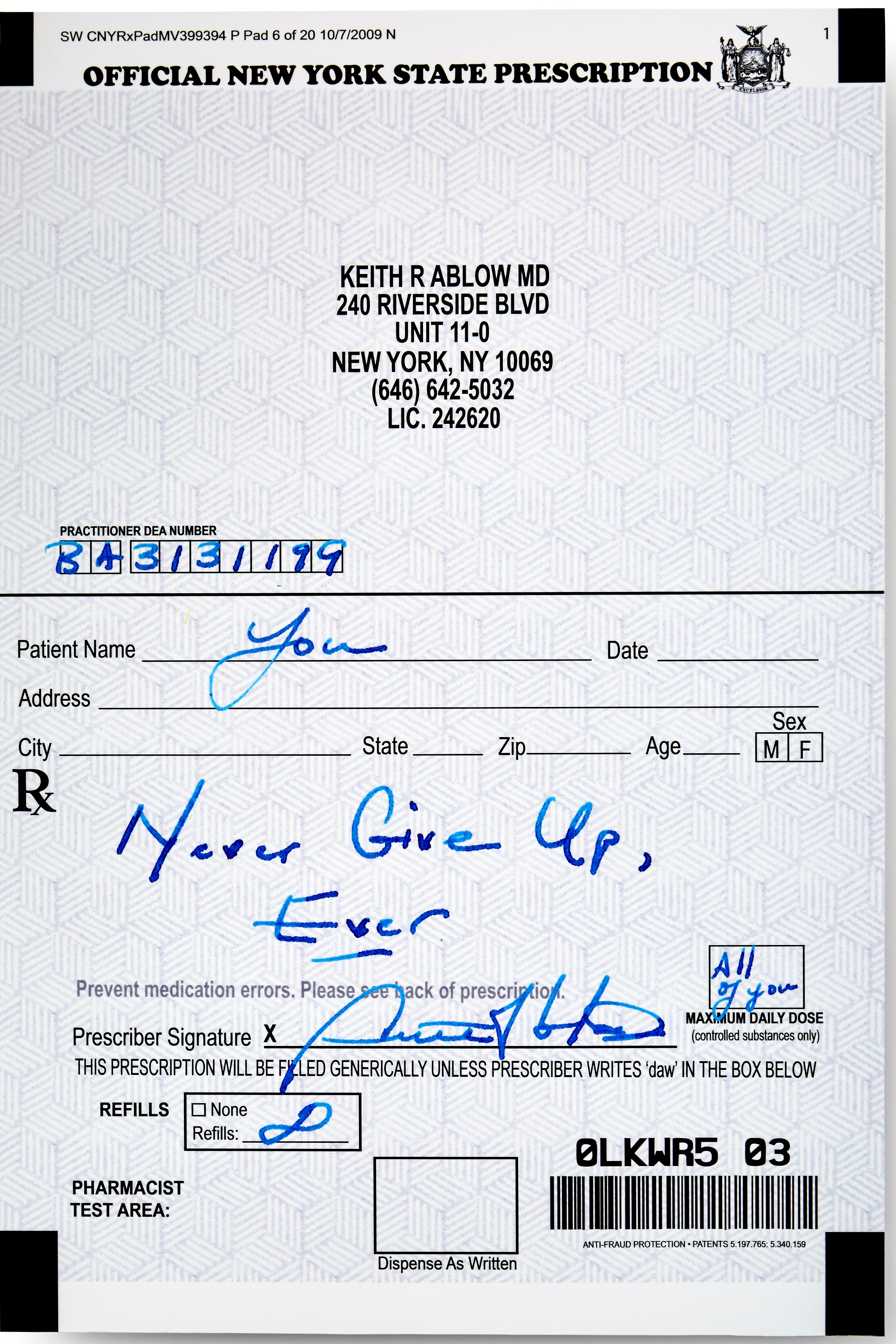 Ablow’s prescription art includes missives intended to “make people think or move them to action,” he says.