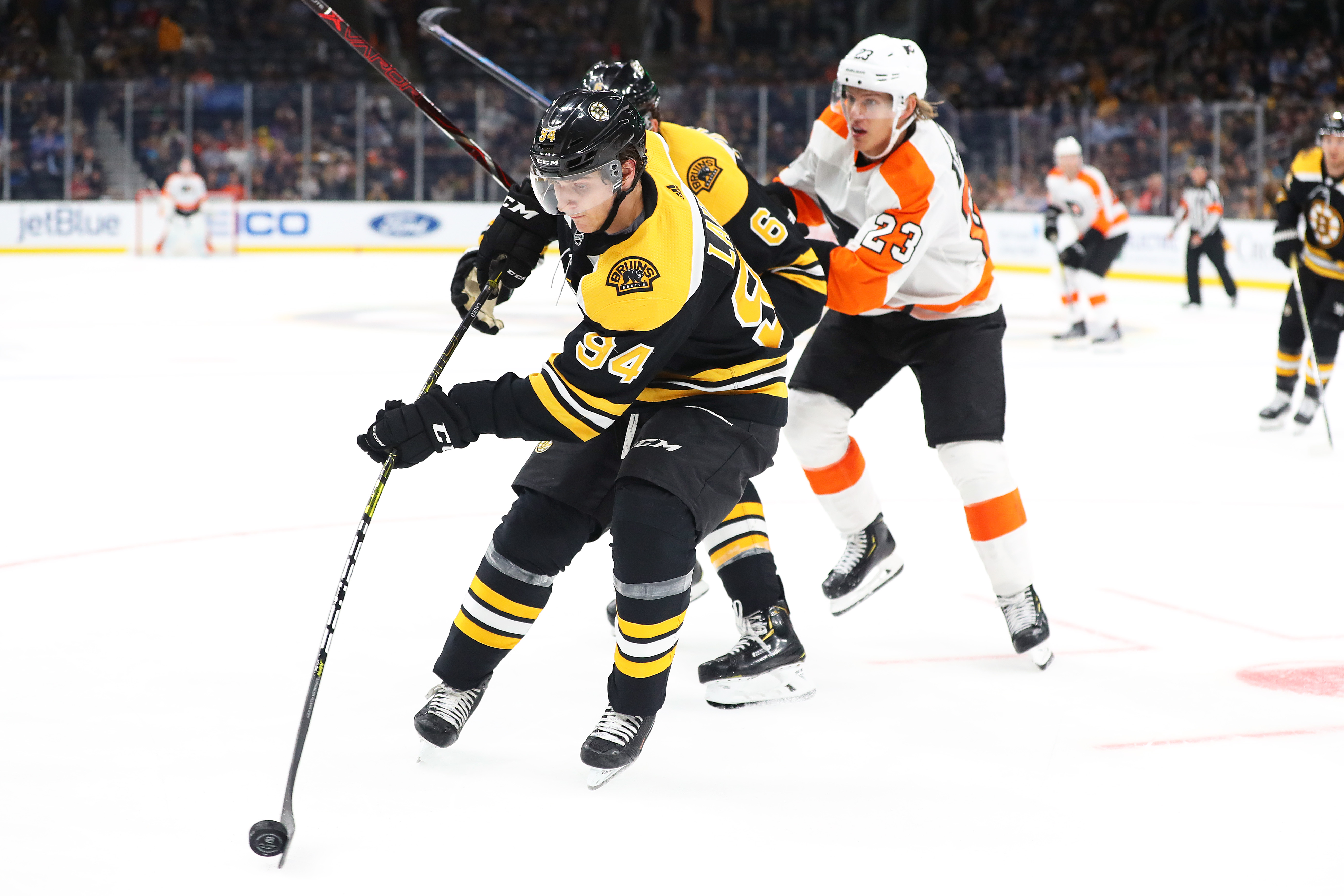 Jakub Lauko played in a Bruins’ preseason game against the Flyers in September.