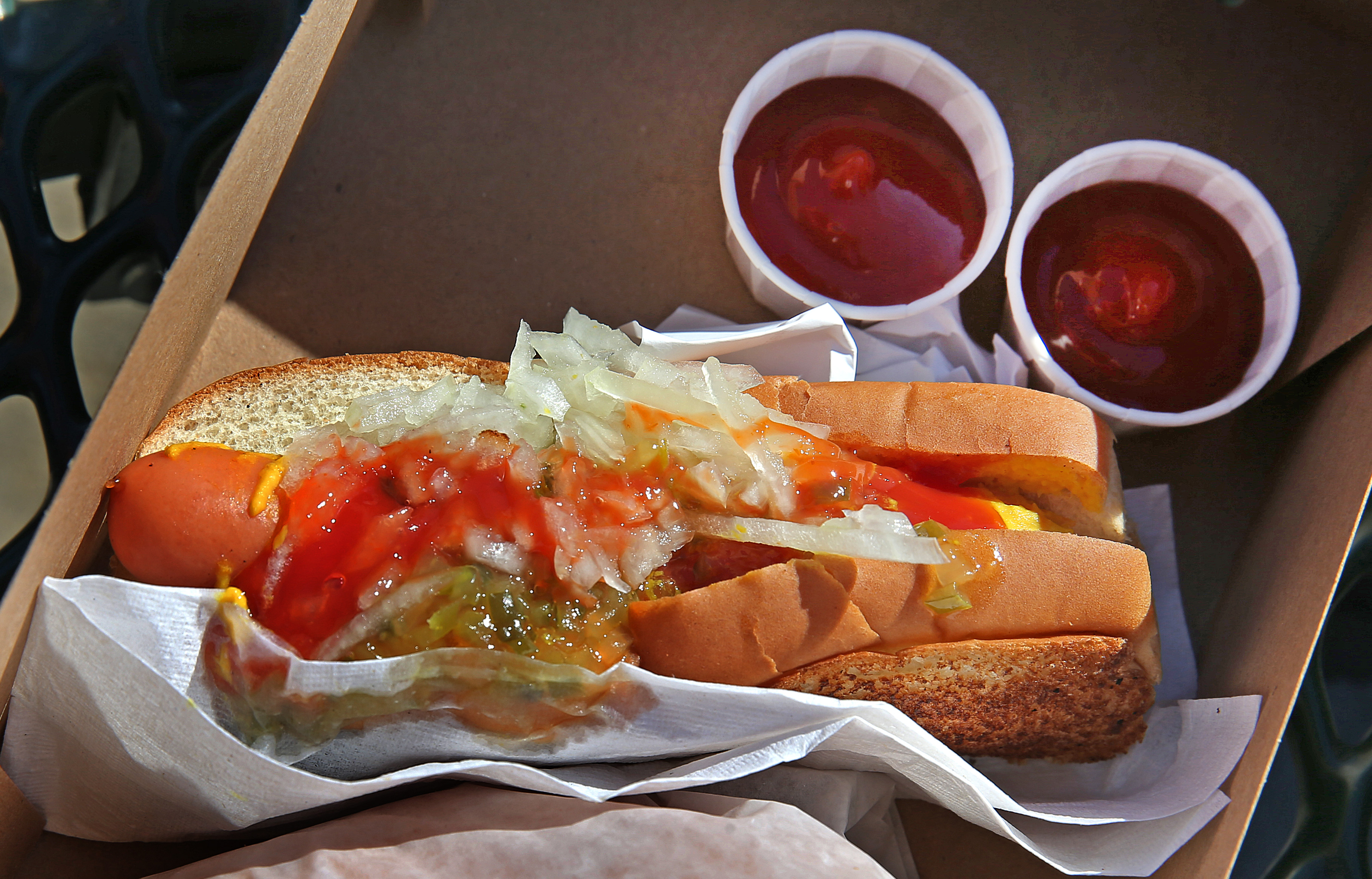 A loaded hot dog from Sullivan's on Castle Island in March 2019.