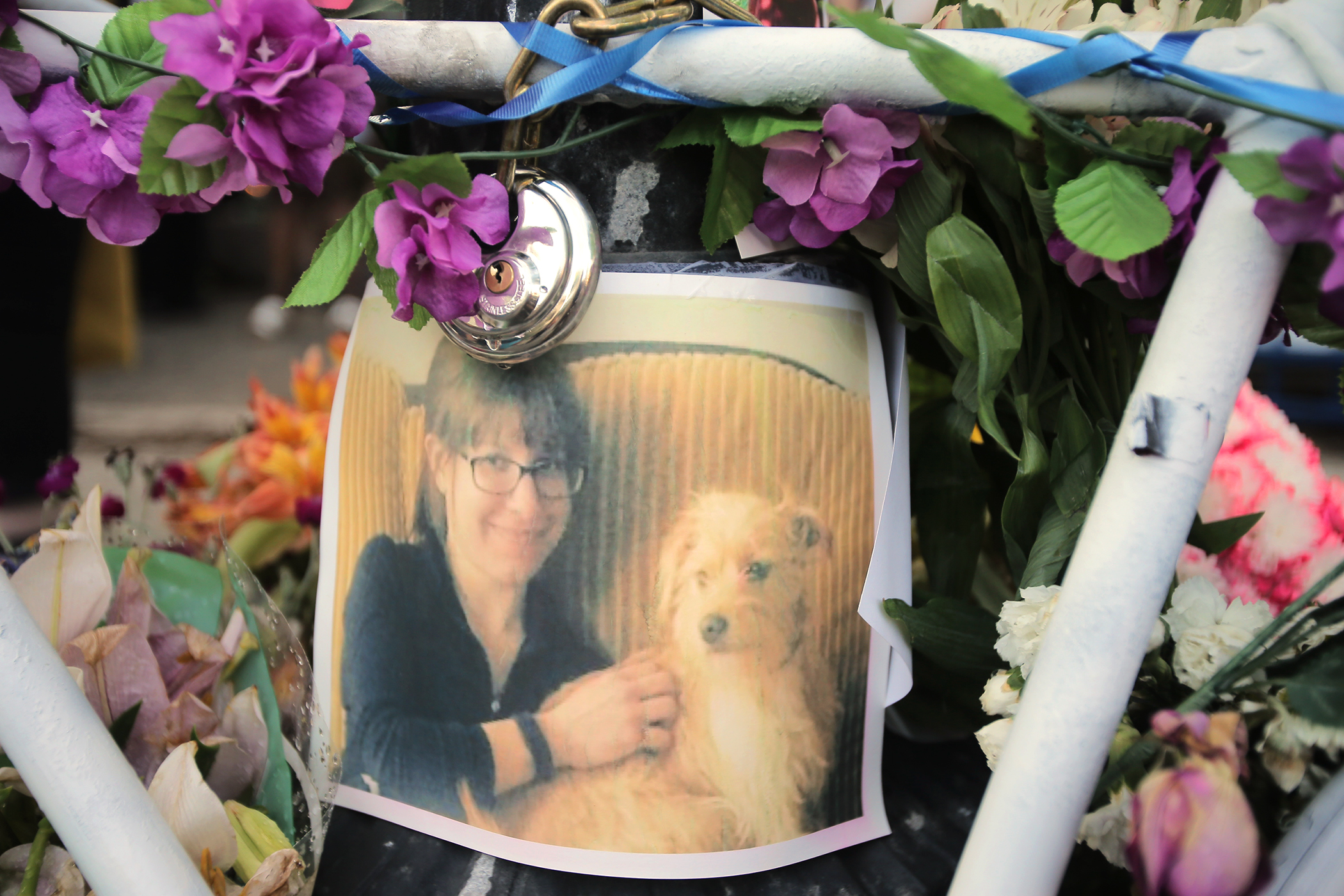 A picture of Amanda Phillips was visible within the frame of a ghost bike at a vigil for her in Inman Square.