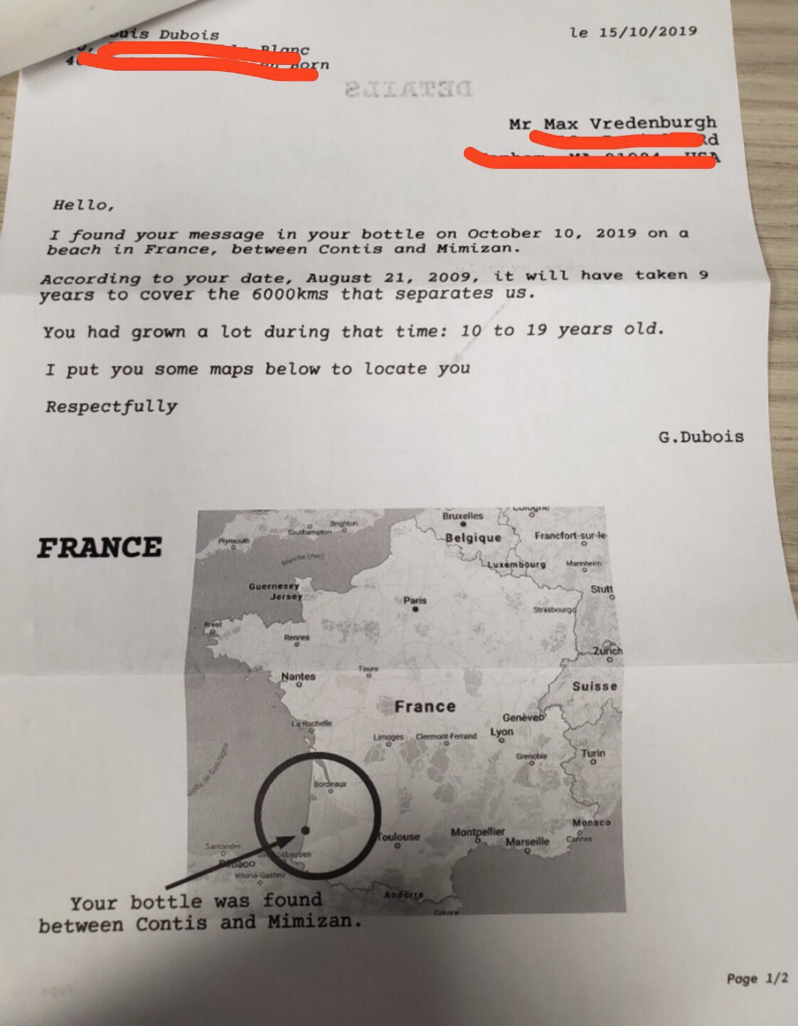 The response Vredenburgh received from France after “G. Dubois” found his message in October.
