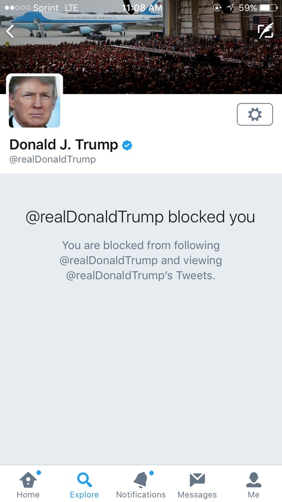 One user’s account, as blocked by <a href="http://twitter.com/realDonaldTrump">@realDonaldTrump</a>