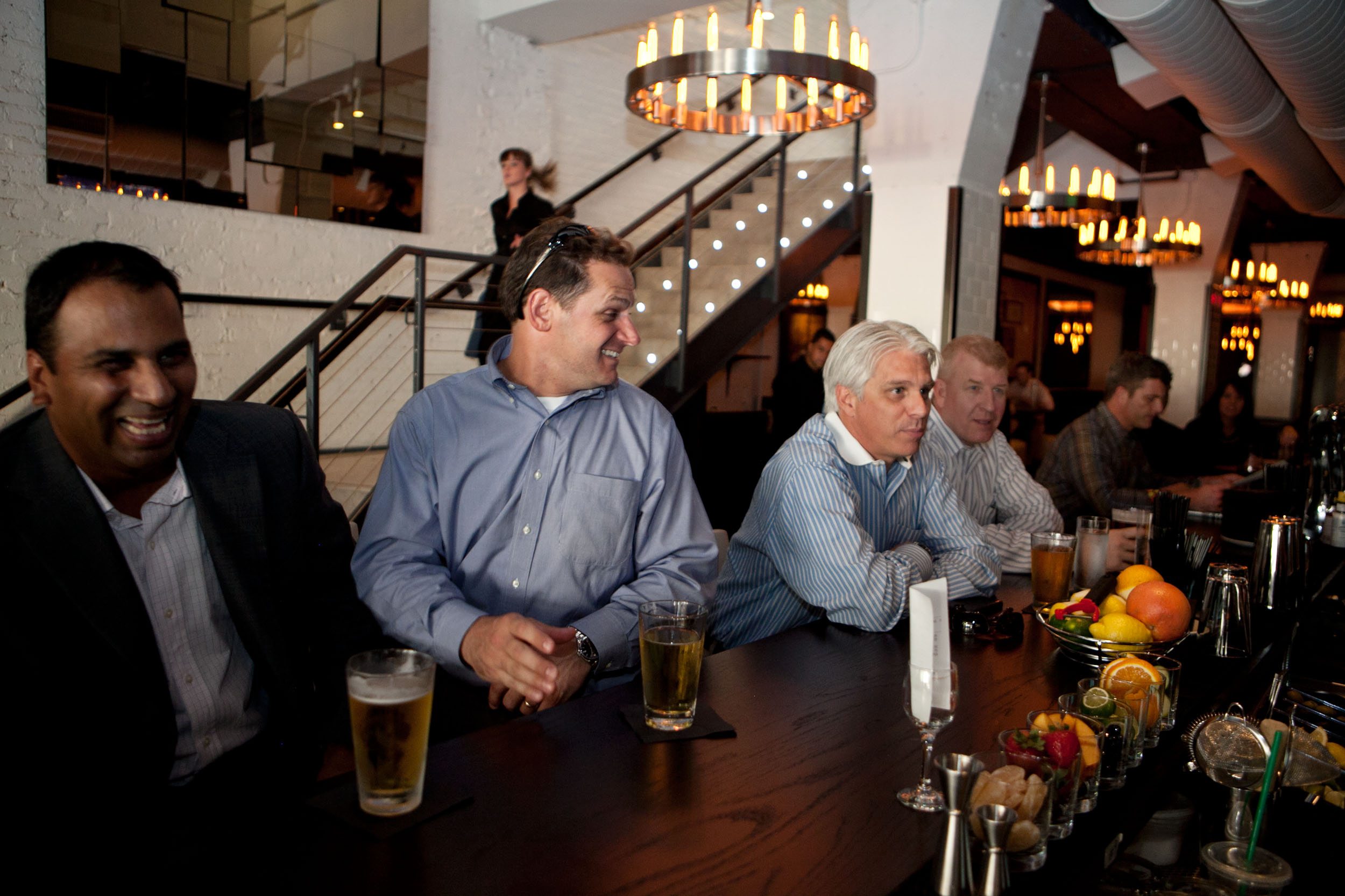 Boston, MA -- 08/21/13 -- left to right: Parth Patel, Matt Kaighn, John Bennett, and Martin Story enjoy a beer at the bar in the newly renovated Forum Bar and Restaurant on August 21, 2013 in Boston, Massachusetts. (Kayana Szymczak for the Boston Globe) 25dining