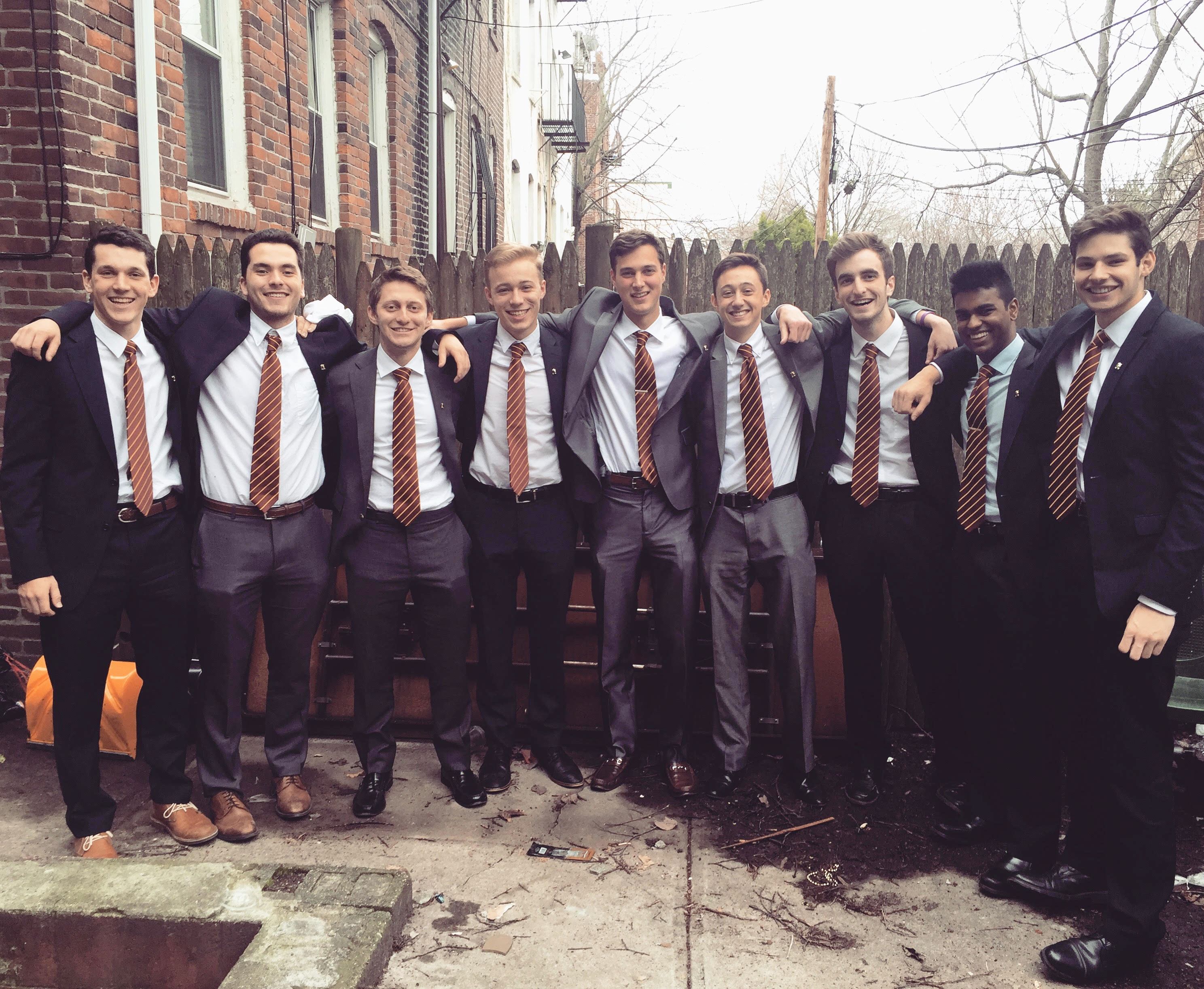 Ryan Shaw (center) with his Pi Kappa Alpha fraternity brothers after his initiation in the spring of 2016, shortly before his death.
