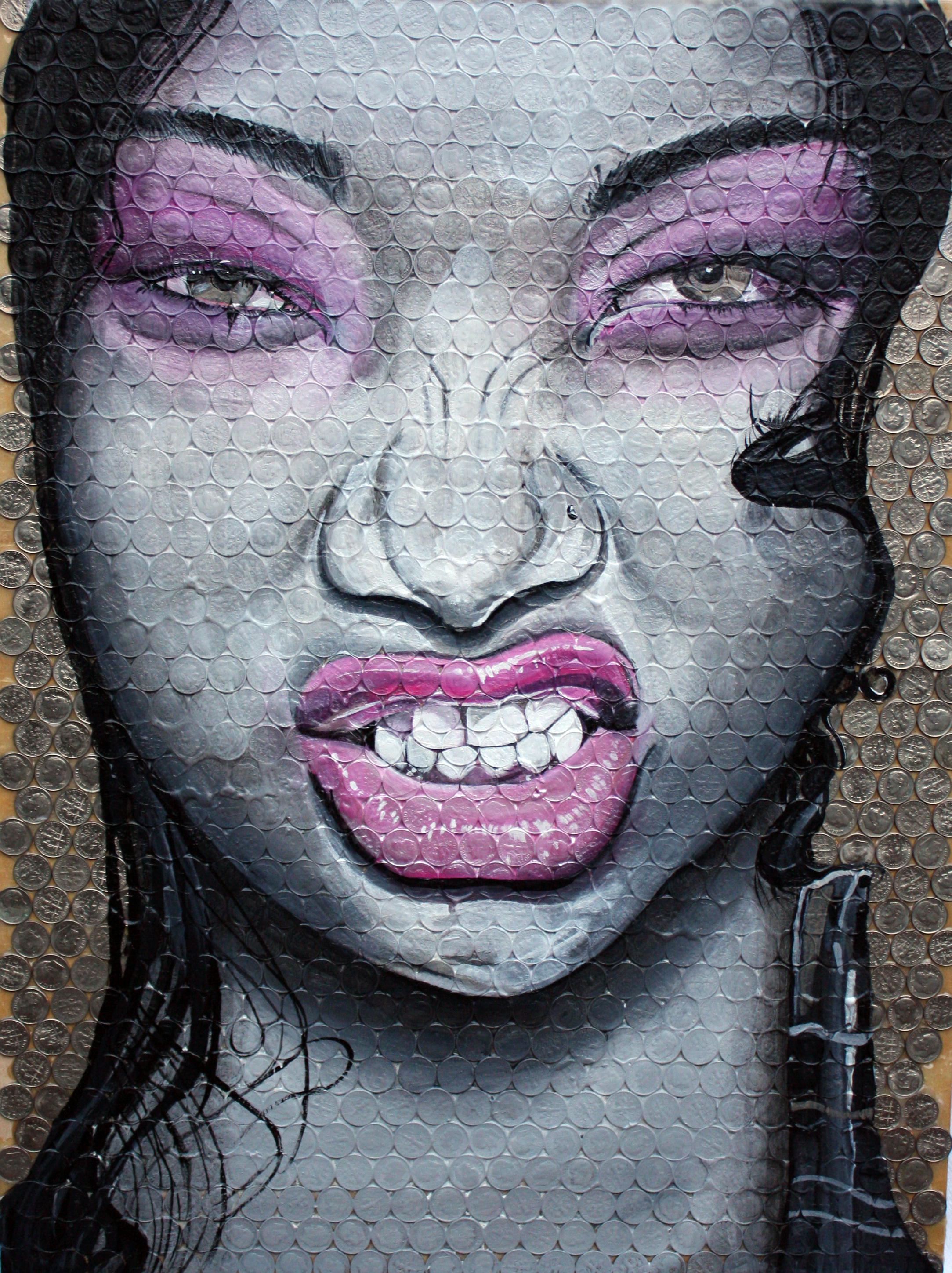 Dime Piece (Pink Squint), a work of acrylic, US coins, and resin on wood.