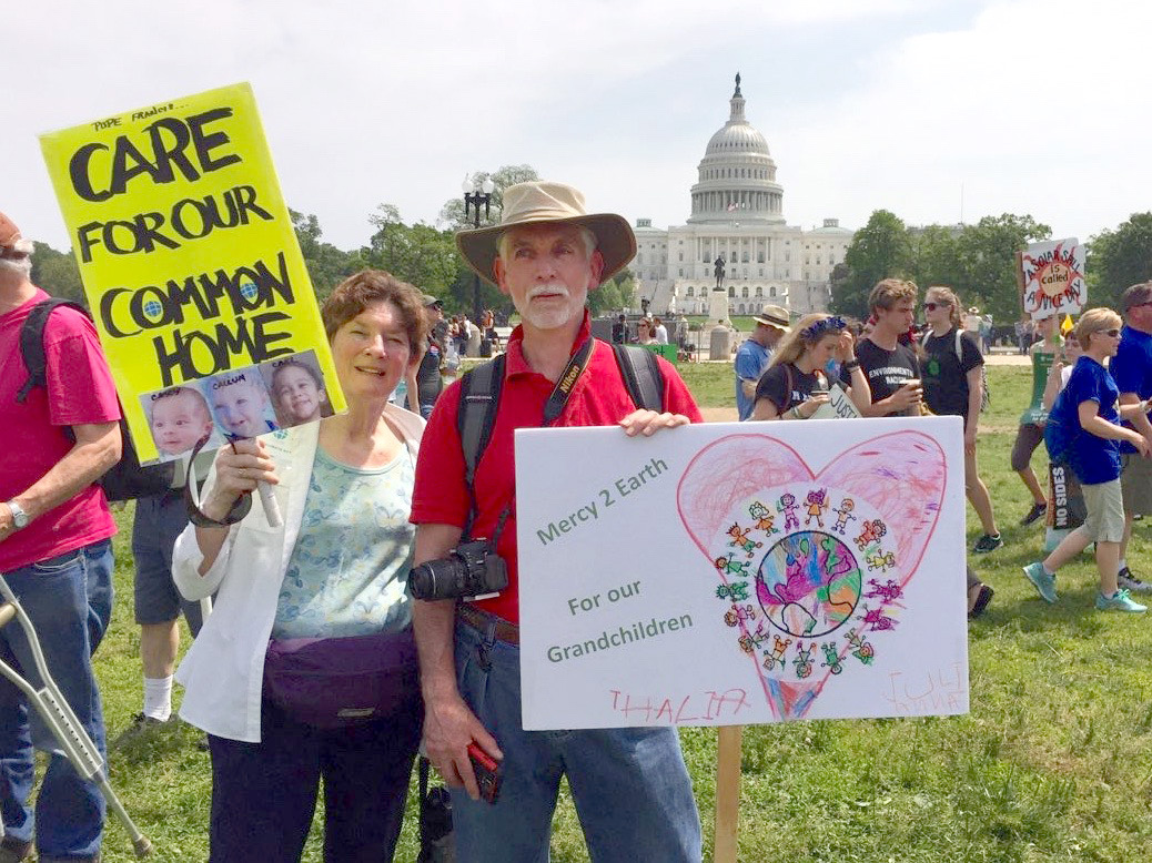 Boston Catholic Climate Movement steering committee members Fran Ludwig and Pete Dunbeck participated in a climate march in Washington on April 29.