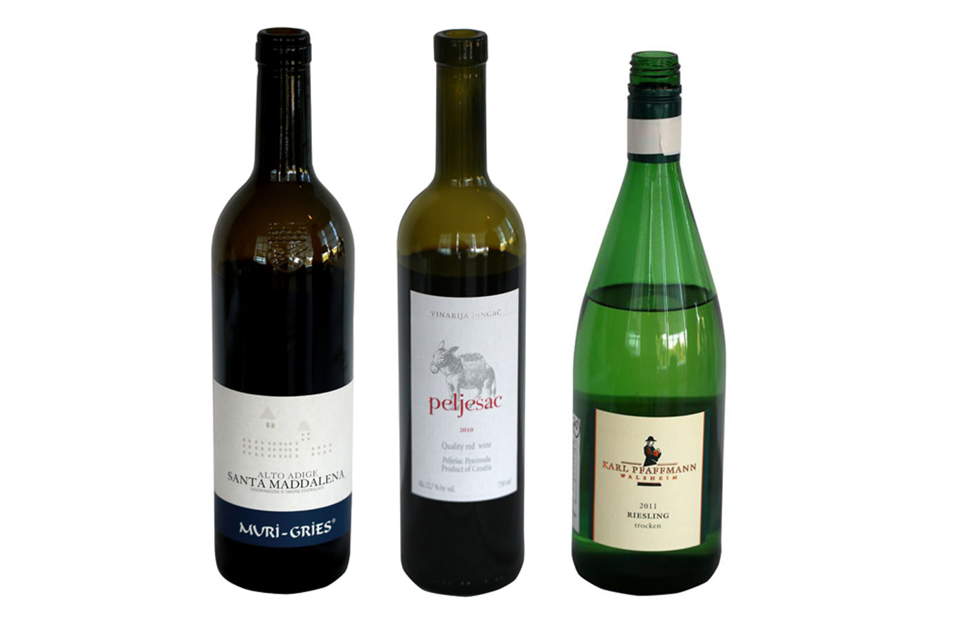 From left, Cantina Convento Muri-Gries Santa Maddalena, Vinarija Dingac “Peljesac,” and Karl Pfaffmann Riesling Trocken.