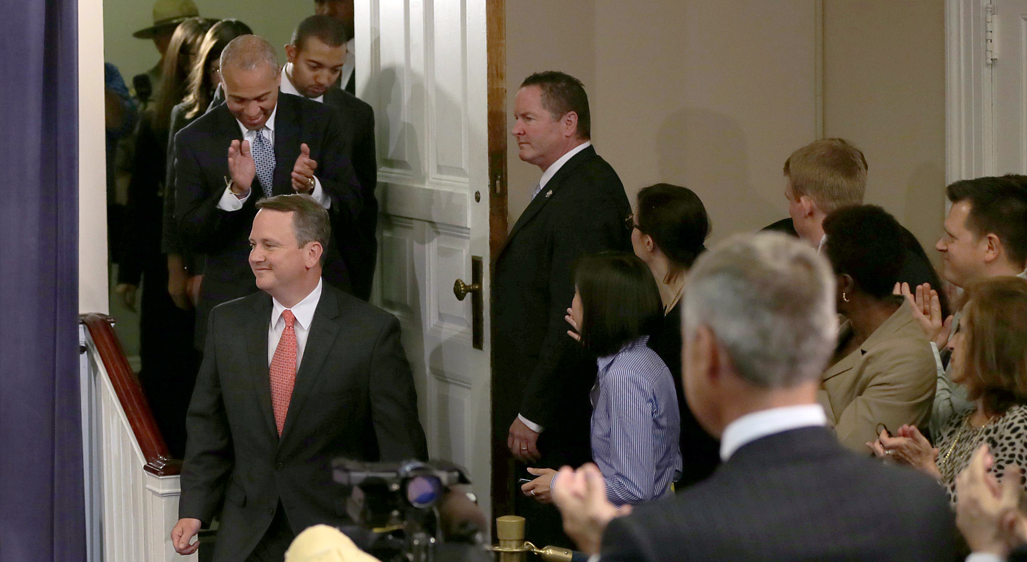Lieutenant Governor Timothy P. Murray at a State House press conference announcing he will step down to become president of the Worcester Chamber of Commerce.