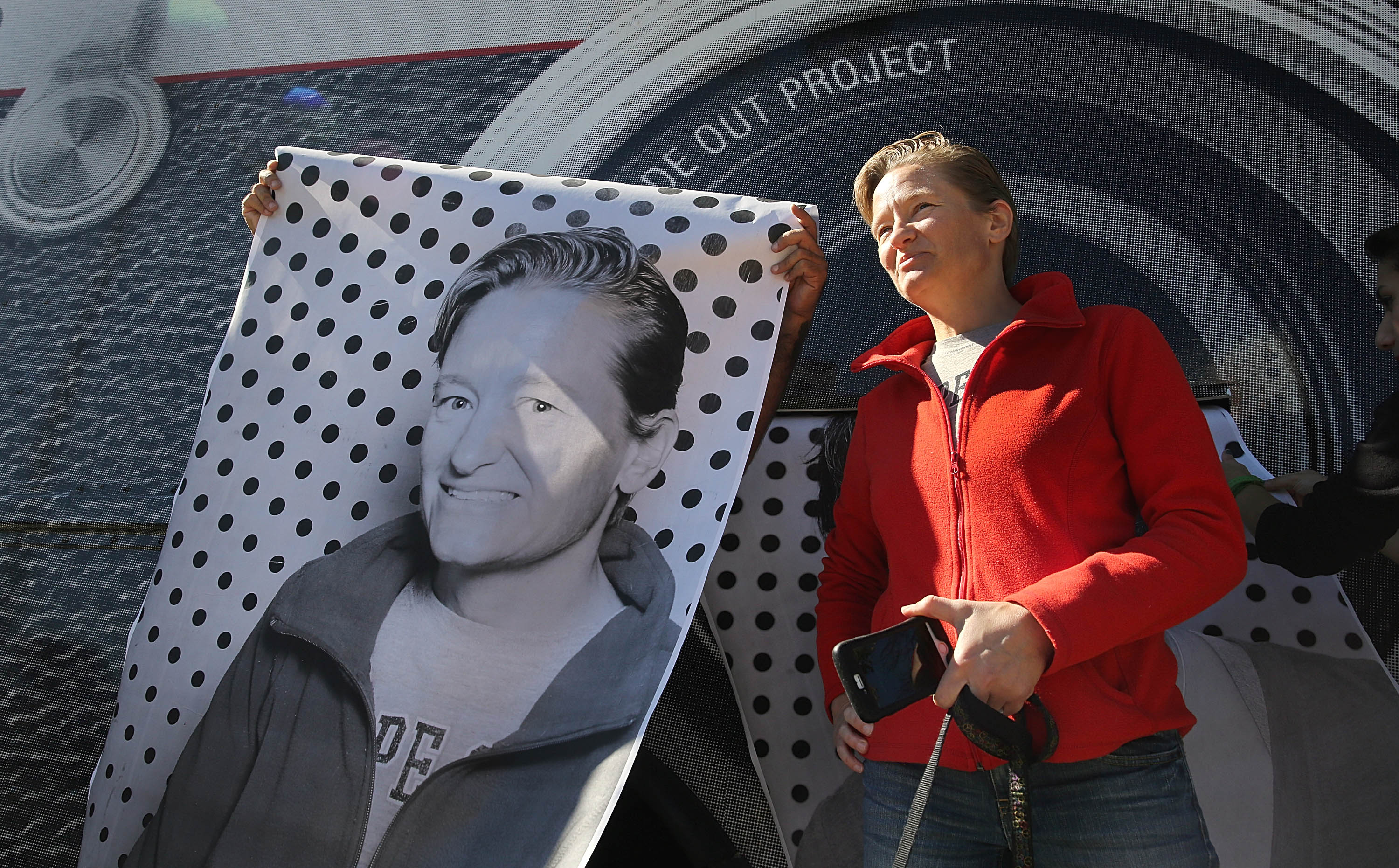 Ellen Wells of Roxbury posed for a picture next to a giant xerox print of herself.