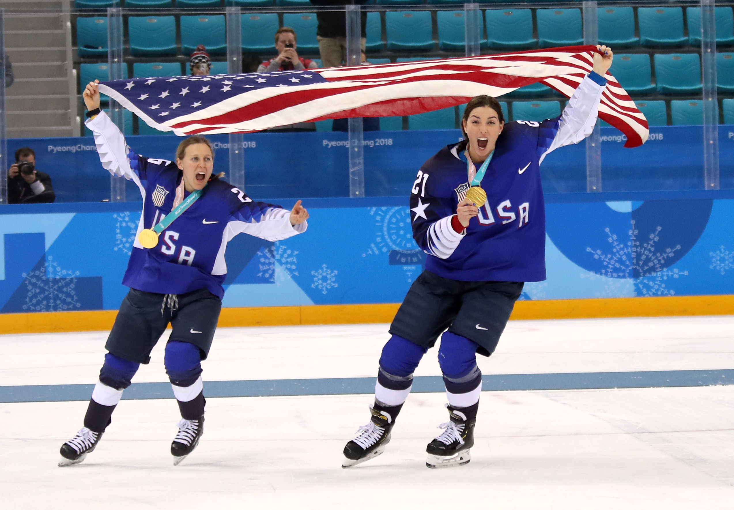 Hilary Knight (left) netted a first-period goal en route to the US winning the gold medal at the 2018 PyeongChang Winter Olympics.
