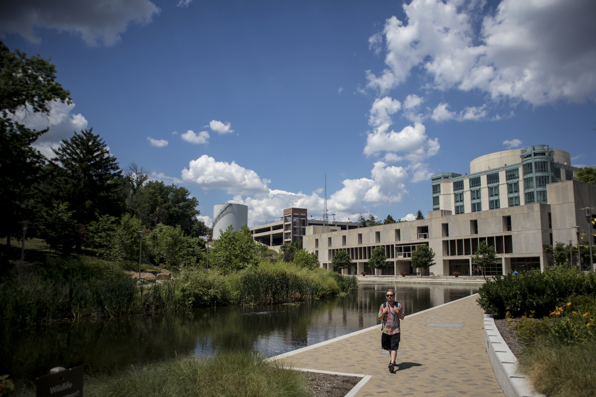 A student walked through the UMBC campus.