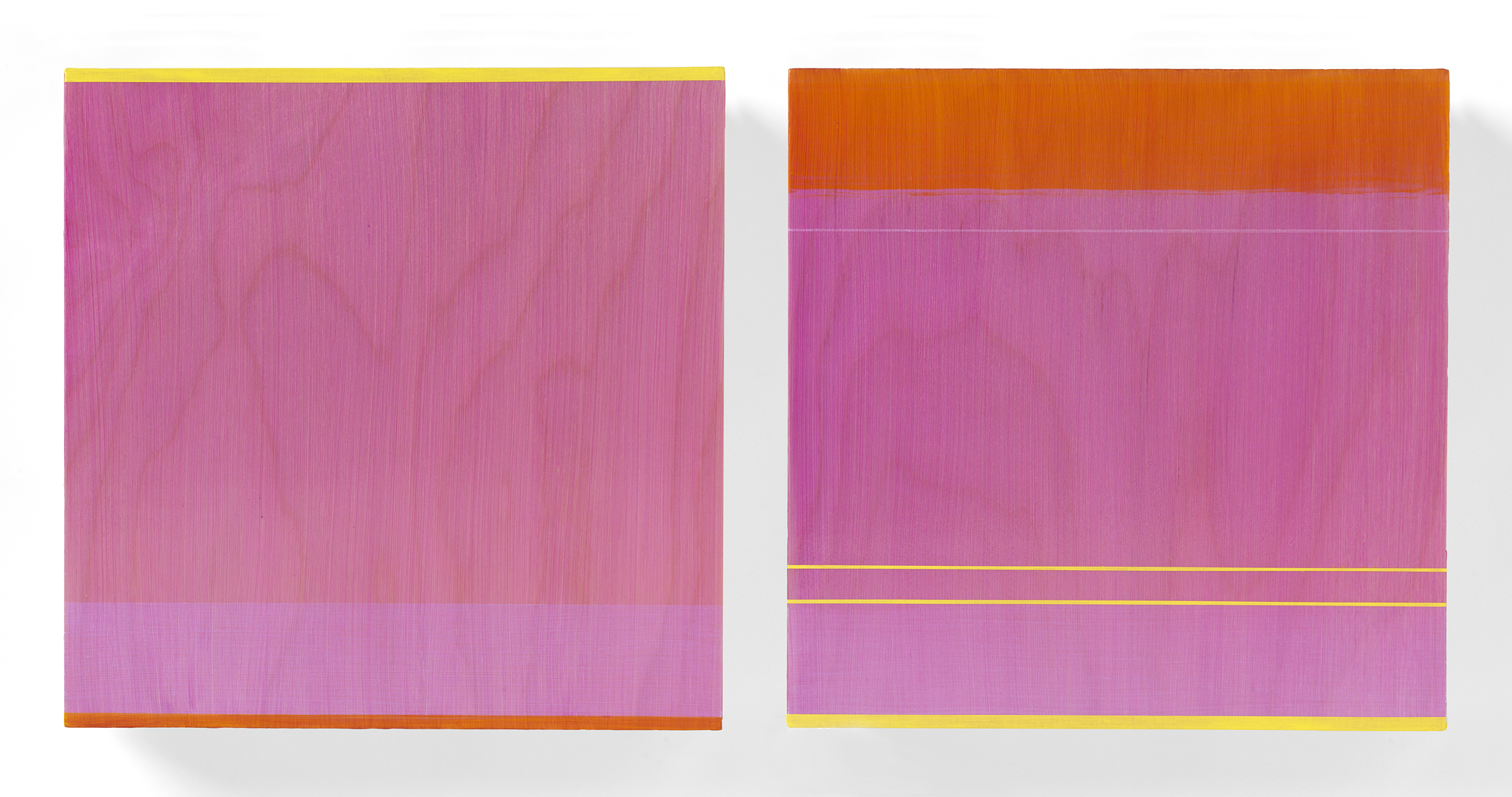 Rose Olson’s acrylic on wood veneer diptych “Moving Mist.’’