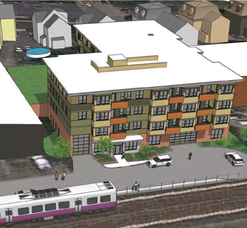 The 27-unit apartment building, seen in this artist’s rendering, would be right next to the Fairmount commuter rail station.