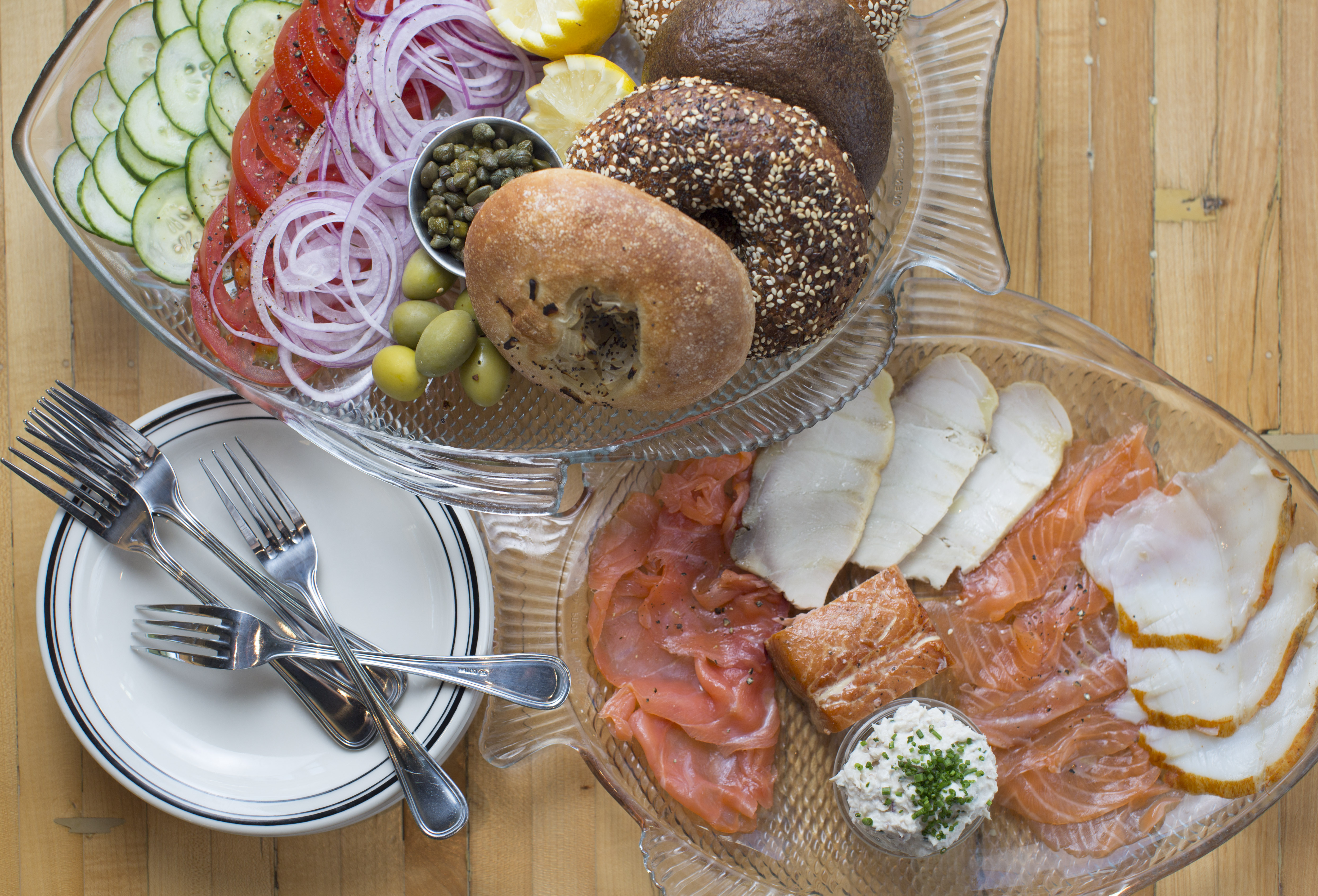 Platters of assorted fish and bagels at Mamaleh’s in Kendall Square.