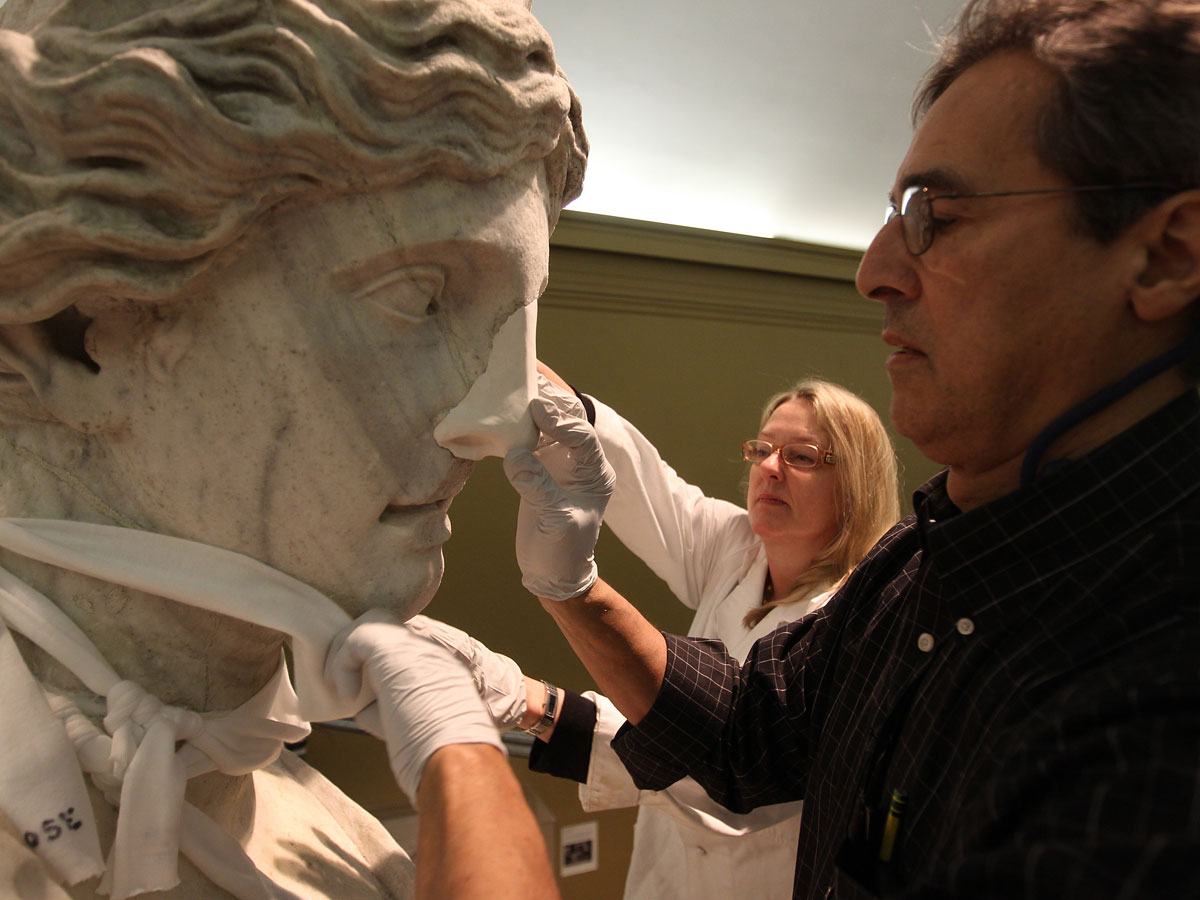 Museum of Fine Arts conservators have completed a yearlong restoration that includes a new nose and mouth for towering, 13,000-pound “Juno,” the largest classical statue in a museum in the United States.