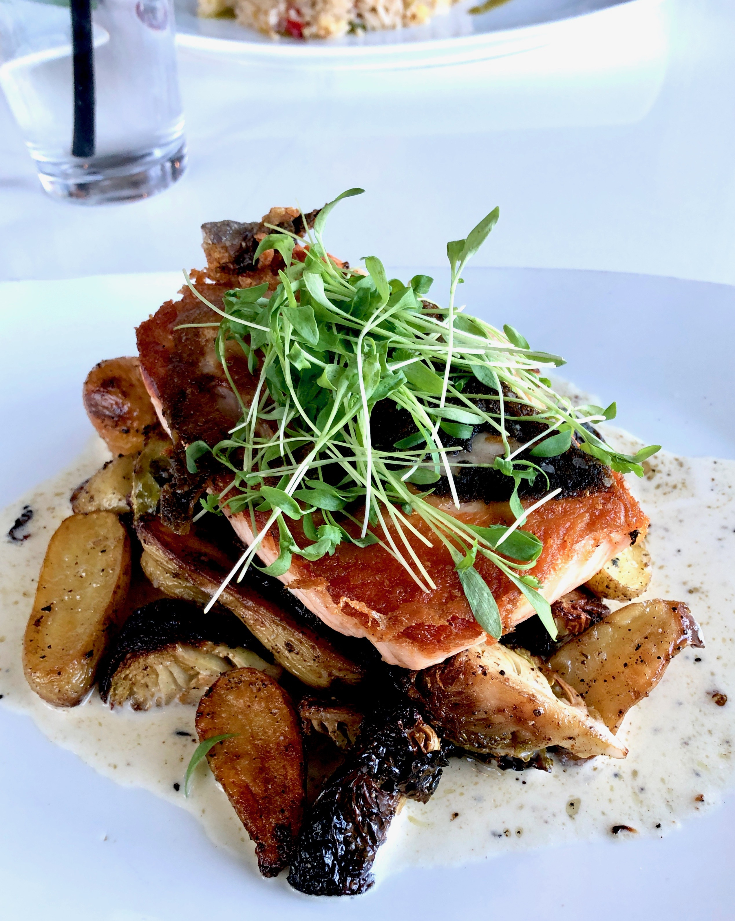 Pan-roasted salmon with fingerling potatoes and Brussels sprouts at The Parrot in Hull.