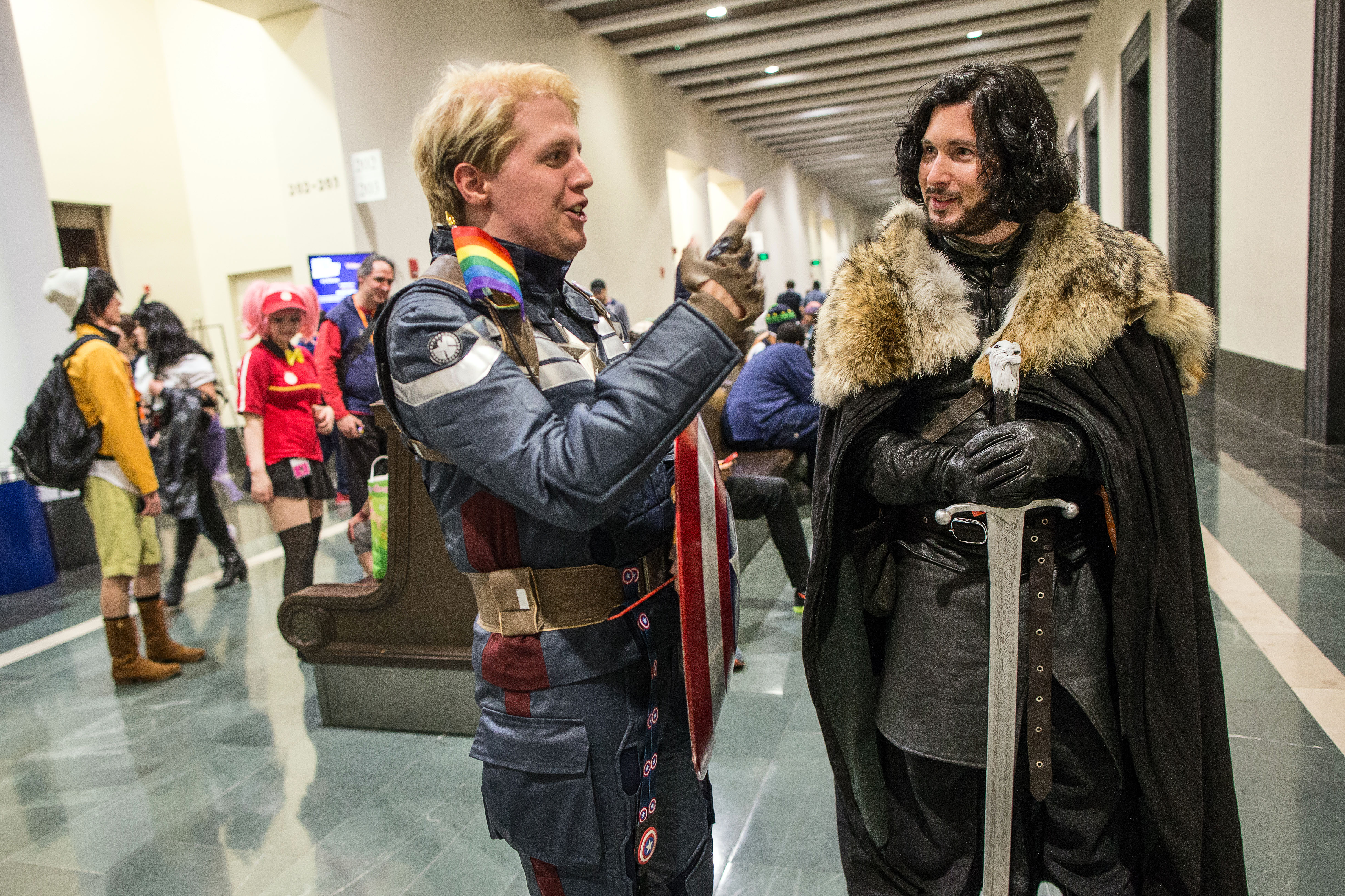 Bryan Conlin (left), 32, dressed as Captain America, interacted with Connor Hughes dressed as Jon Snow.
