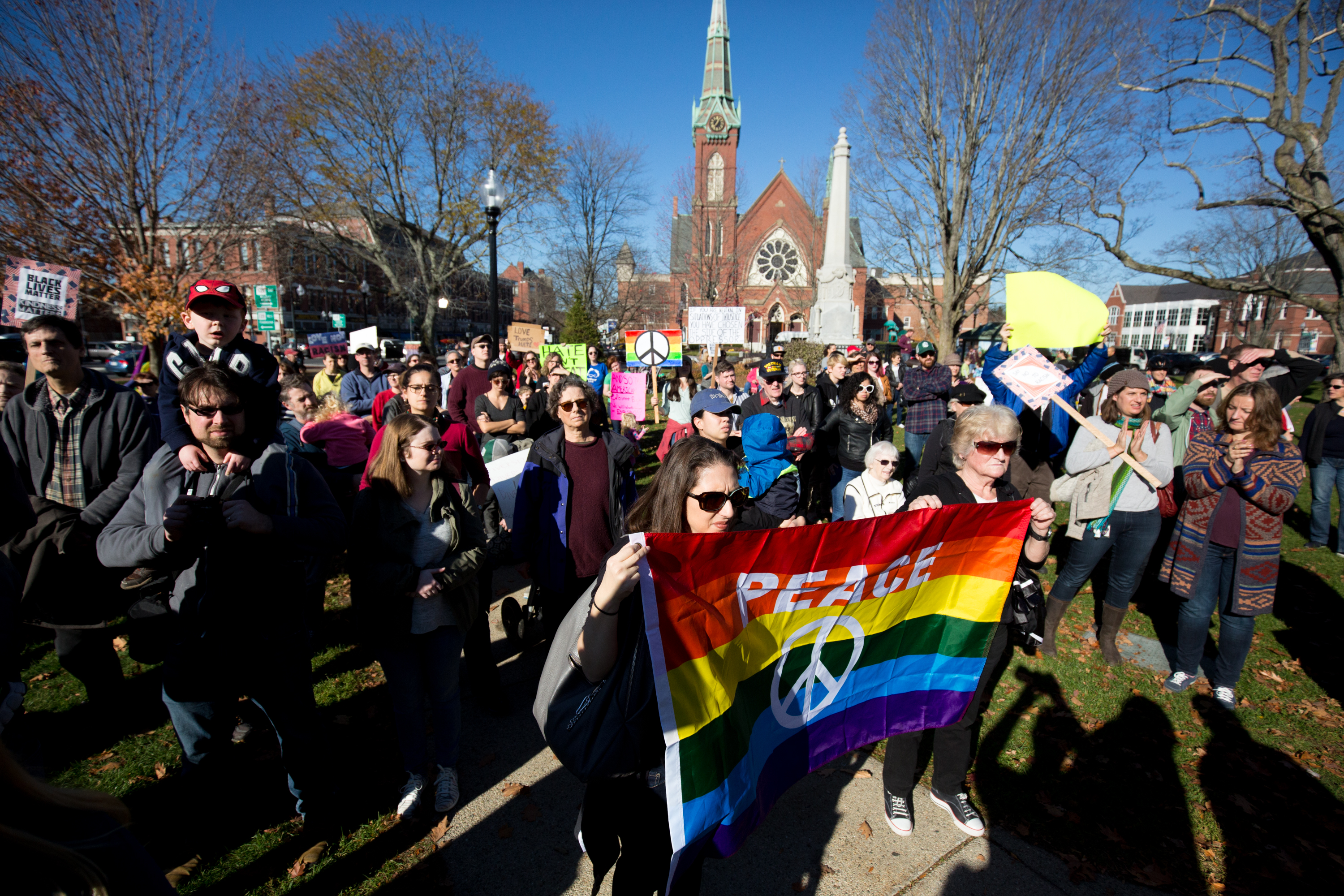 Attendees gathered on Natick Common at a rally for peace and solidarity on Saturday.