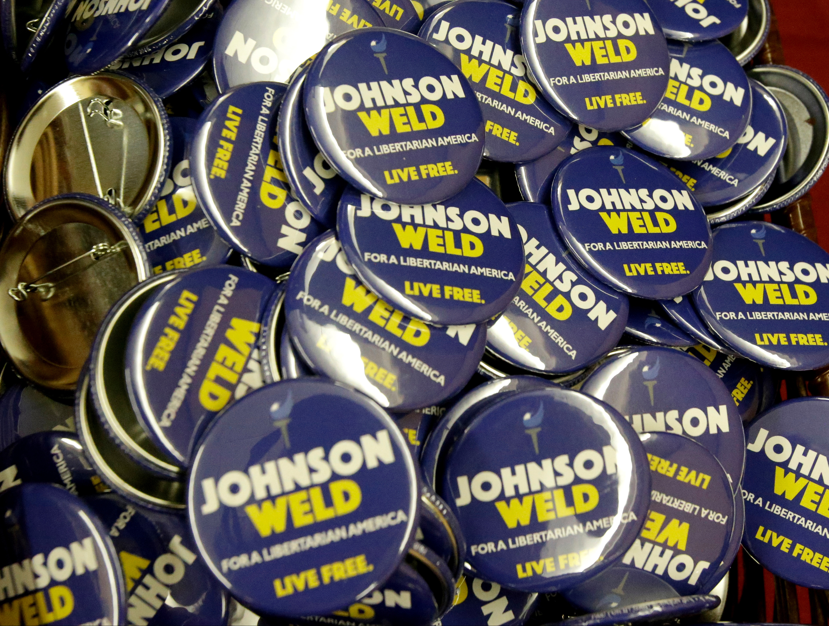 Campaign buttons for the Libertarian presidential ticket were on display last month at the party’s national convention.