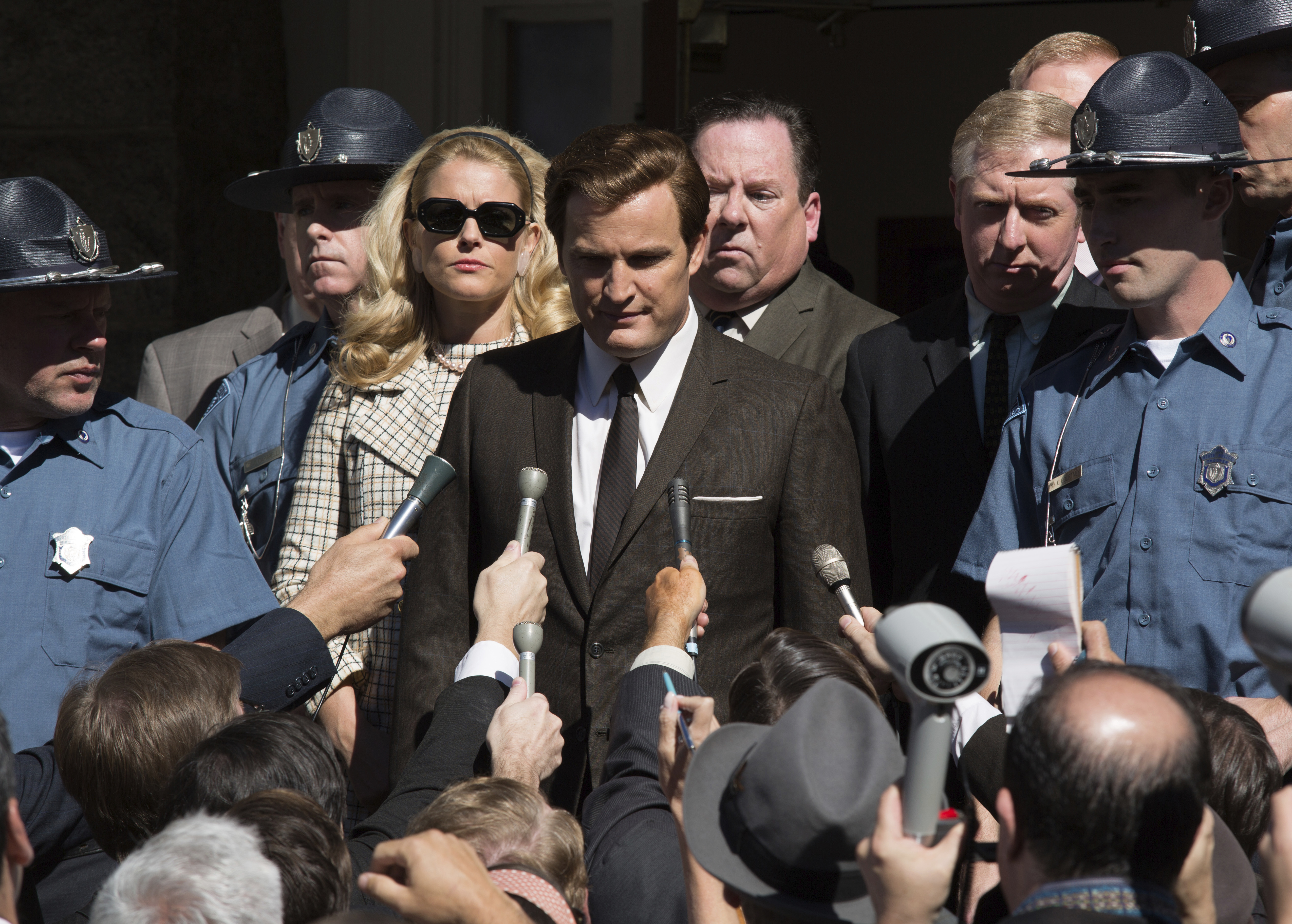 Jason Clarke as Ted Kennedy (center) and Andria Blackman stars as Joan Kennedy in a scene from "Chappaquiddick."