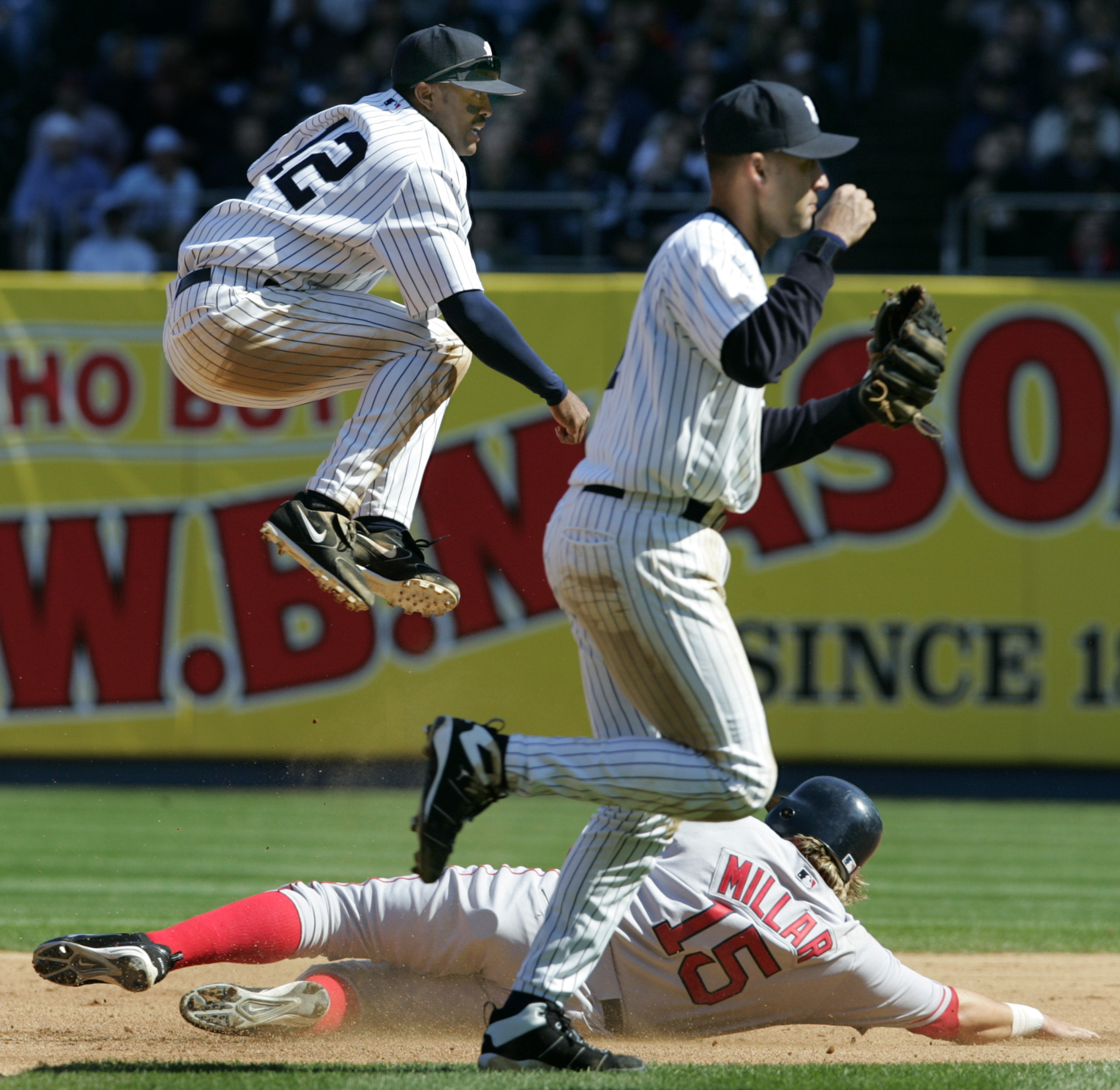 Jeter pumped his fist after second baseman Tony Womack completed a double play after forcing Kevin Millar at second.