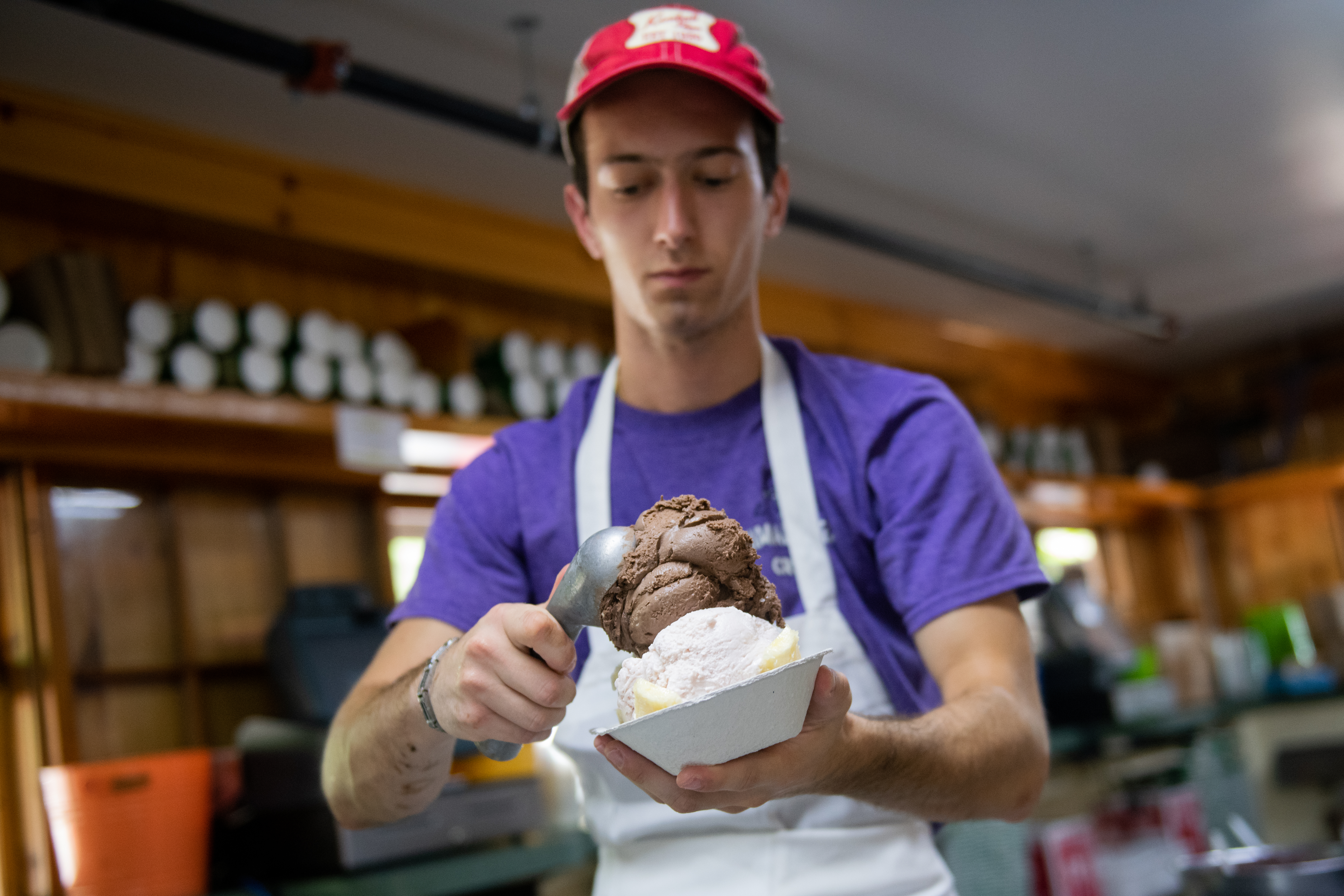 Jacobson, who is entering his 7th season at the store, created the shop's signature banana split sundae at Kimball Farms in Westford, Mass.