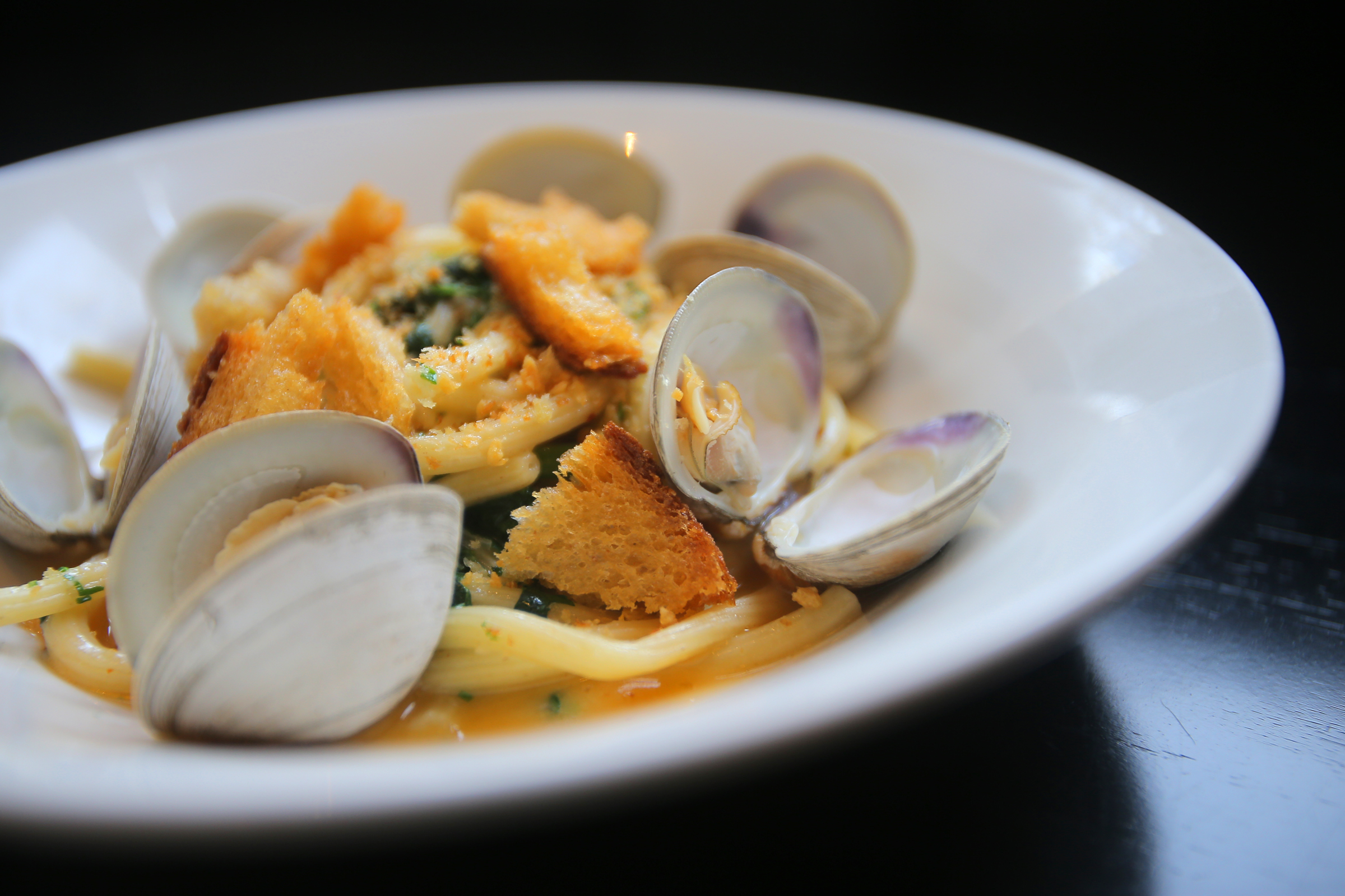 Bucatini with clams and garlic crumbs at Row 34.