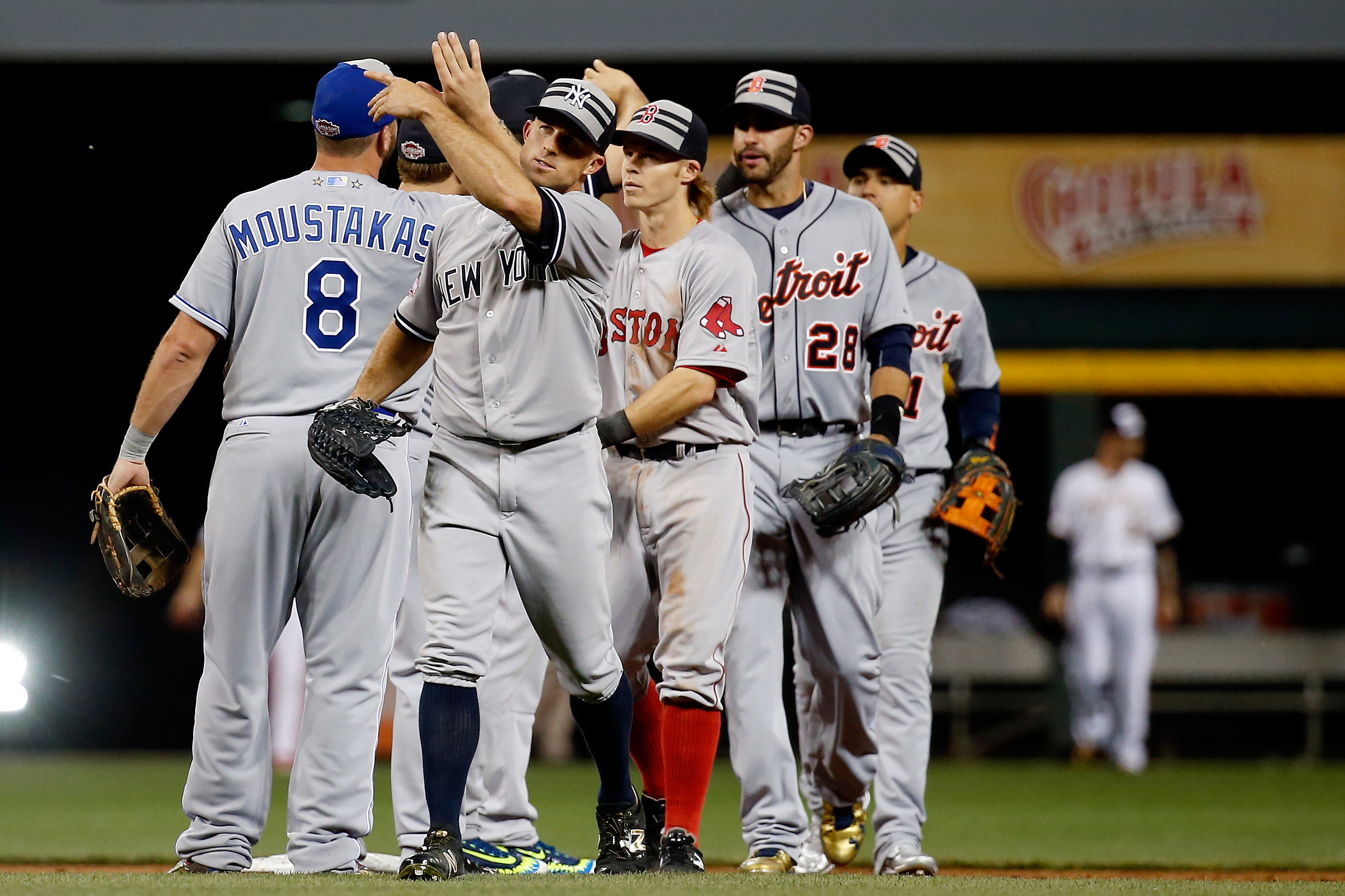 Brock Holt (center) was the Red Sox’ only representative at the All-Star Game.