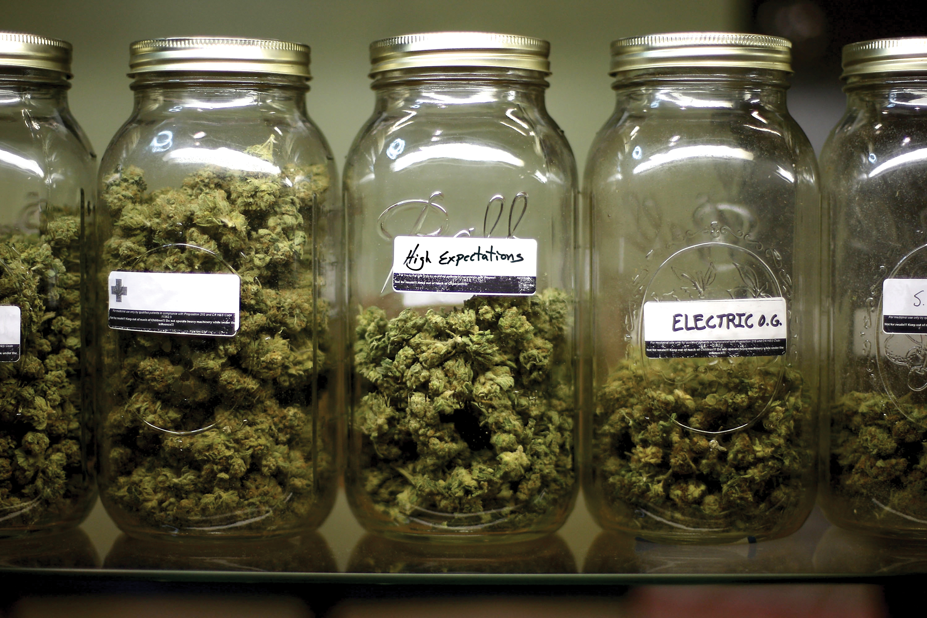 Various types of marijuana on display at a medical marijuana dispensary in Los Angeles.