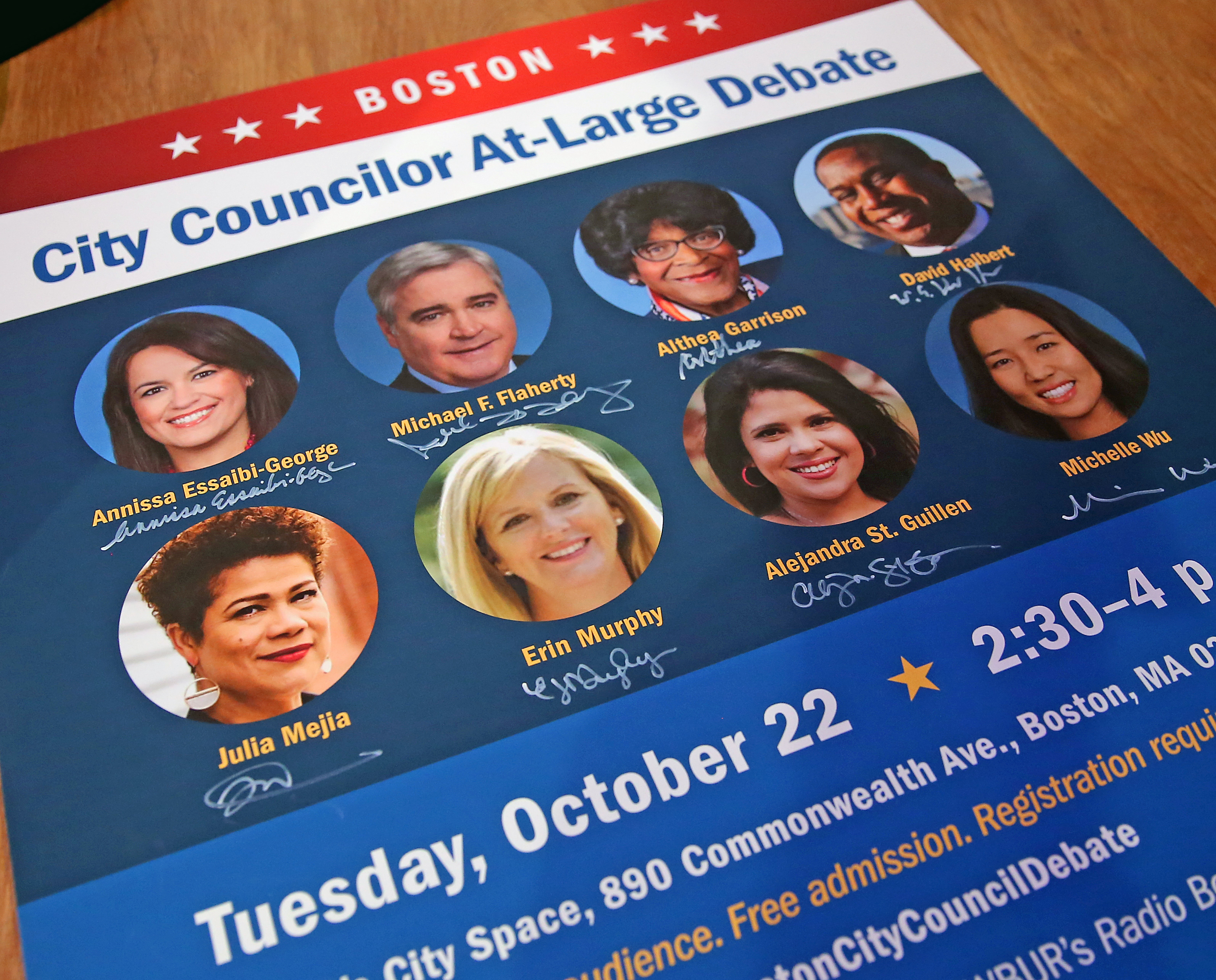 The candidates all signed a poster when they were at the debate at WBUR Tuesday.