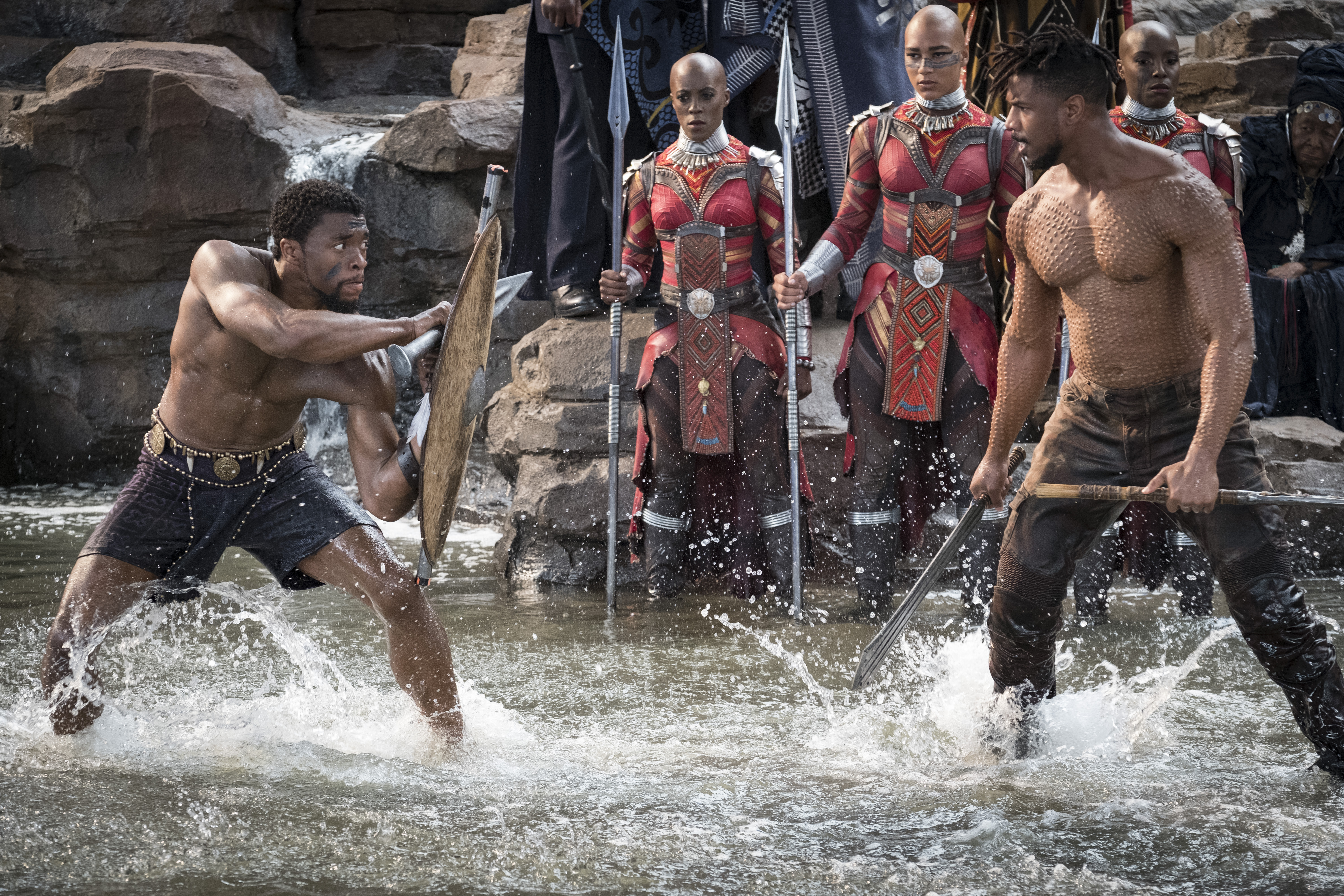 Chadwick Boseman (left) and Michael B. Jordan in “Black Panther.”