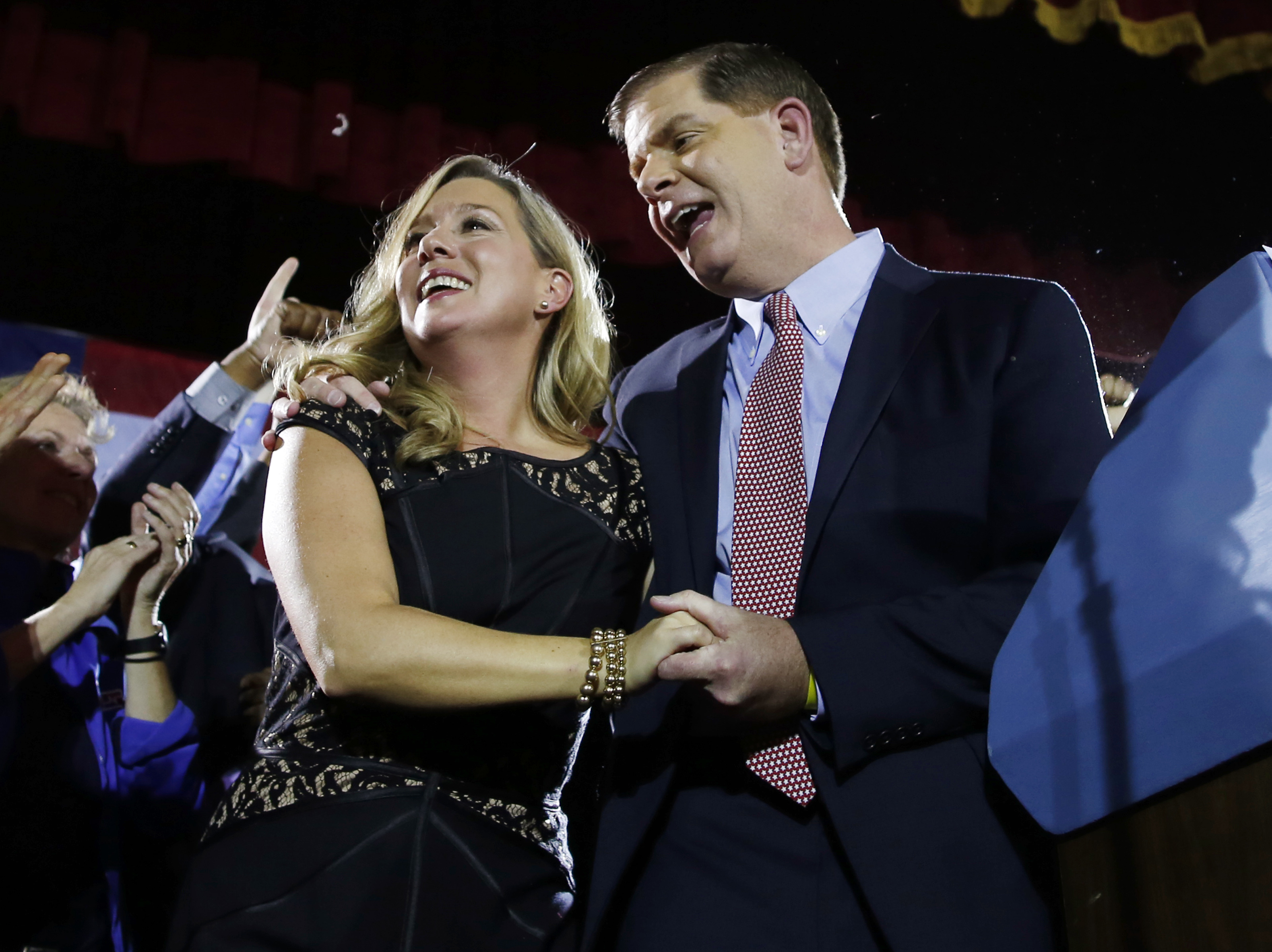 Lorrie Higgins took in the cheers with Martin J. Walsh at his election night party at the Park Plaza hotel Tuesday. Higgins and Walsh have been a couple for eight years.
