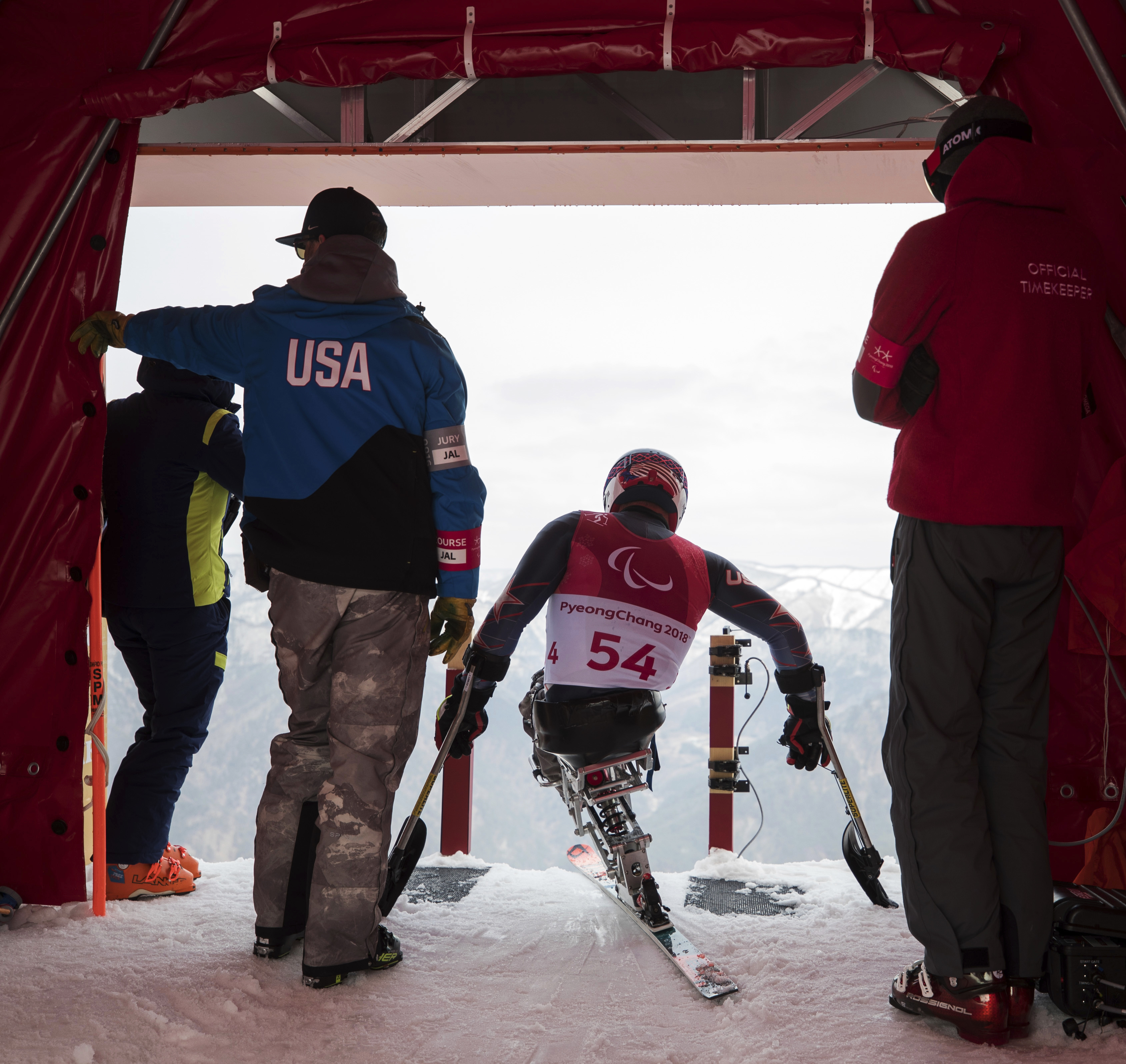 Stephen Lawler starts a men's downhill training run at the 2018 Paralympic Games in Jeongseon, South Korea.