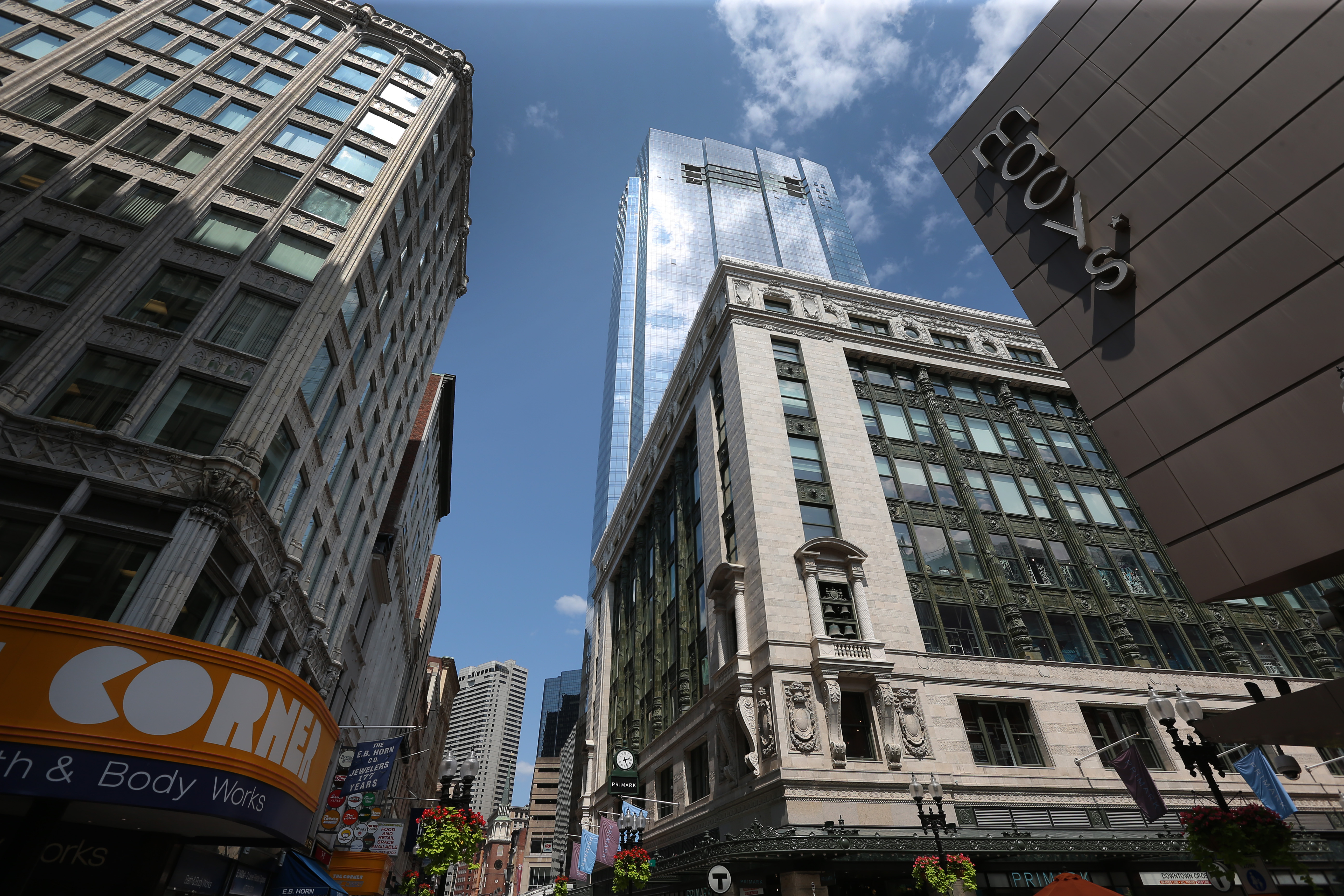The Burnham Building with the Millennium Tower behind it, as seen from the street level.