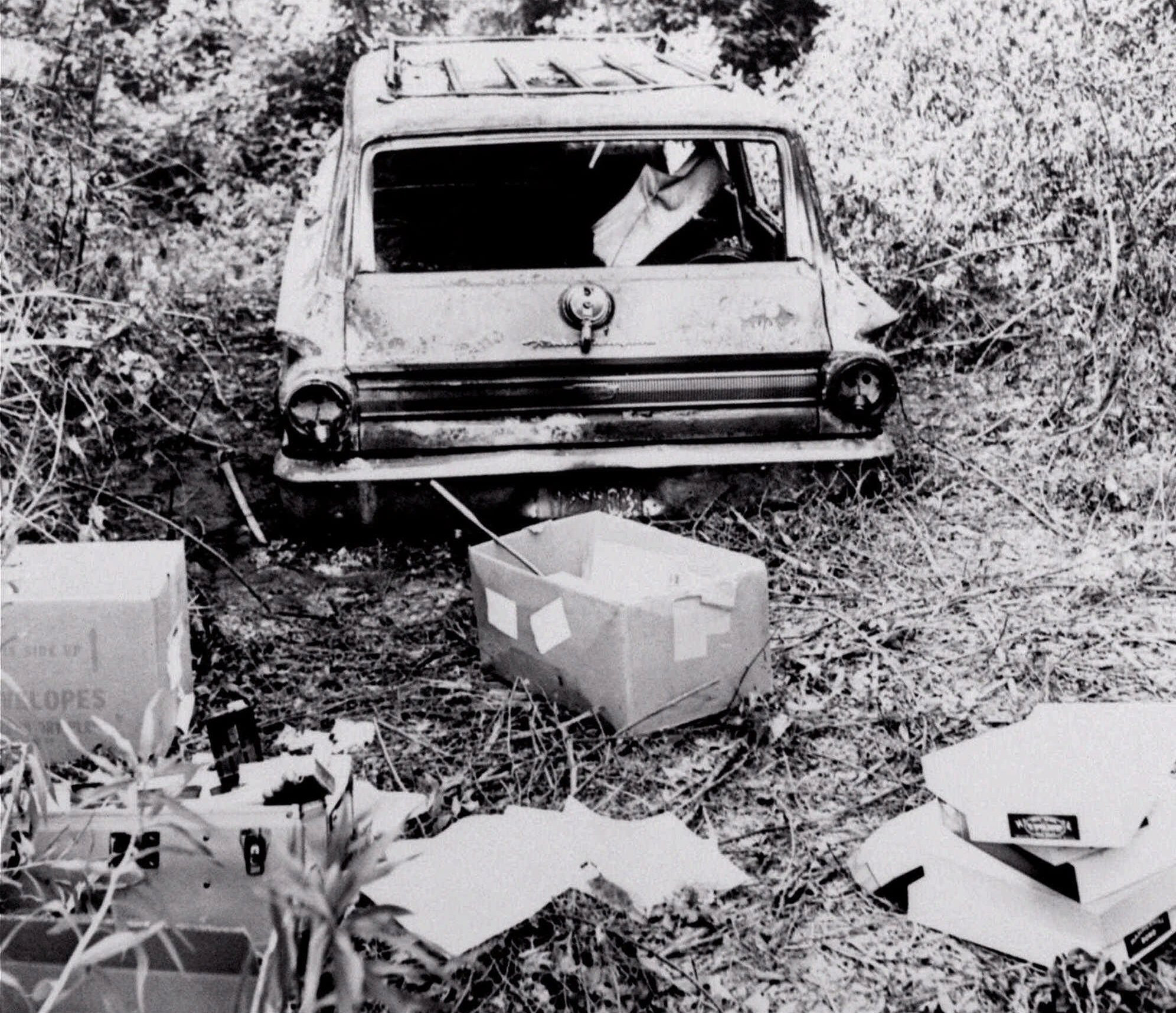 The shell of the burned station wagon of three missing civil rights workers Michael Schwerner, Andrew Goodman, and James Chaney.