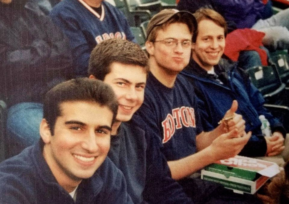 From left to right: Ilan Graff, Pete Buttigieg, Nat Myers, and Clarke Tucker at Fenway Park in 2003.