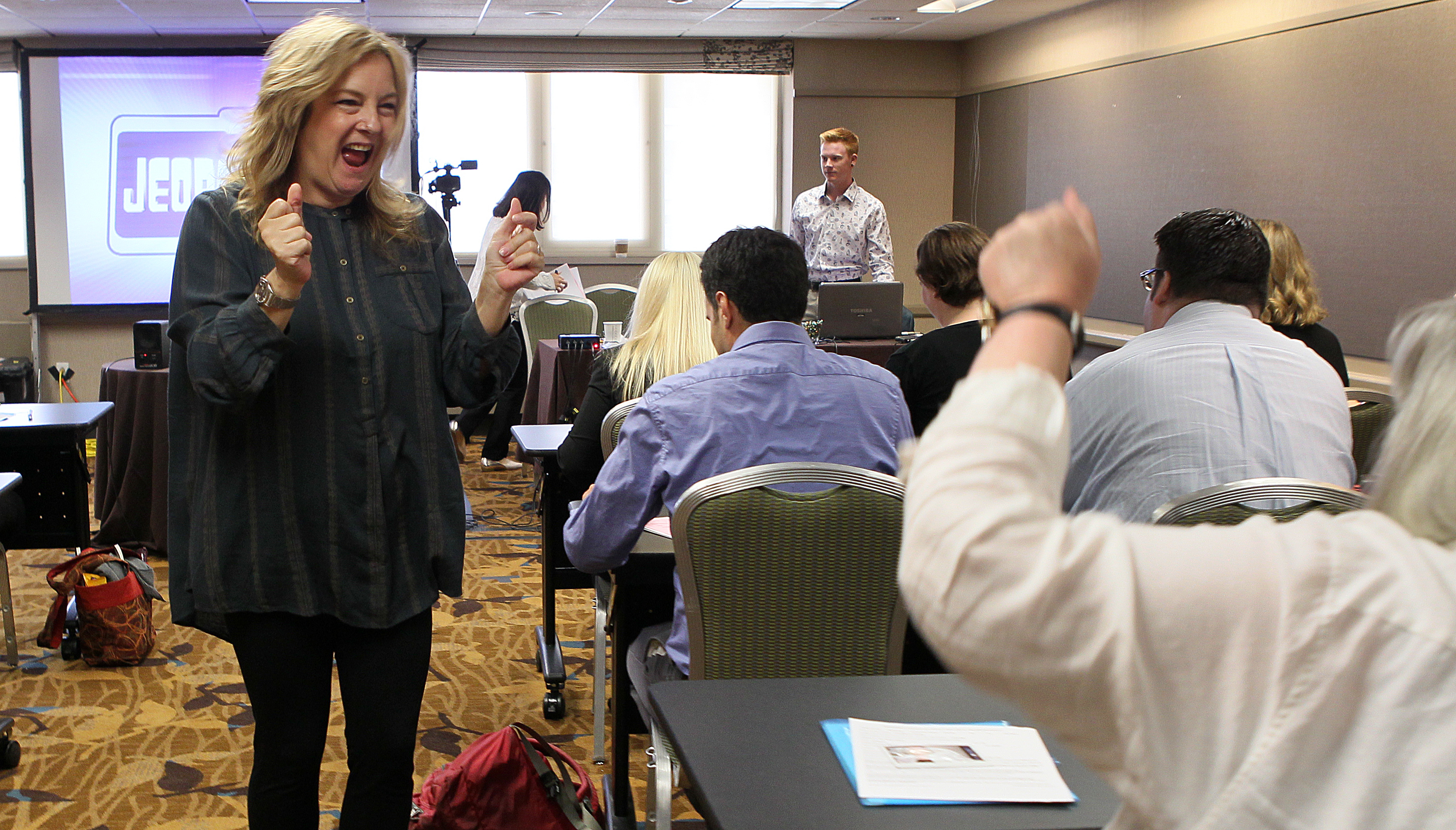 Maggie Speak, contestant producer for “Jeopardy!,’’ tries to fire up auditioners.