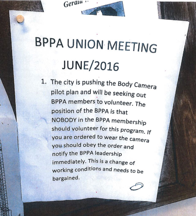 The Boston Police Patrolmen’s Association posted a notice to a bulletin inside of a police station in Hyde Park discouraging officers from participating in a body camera pilot program.