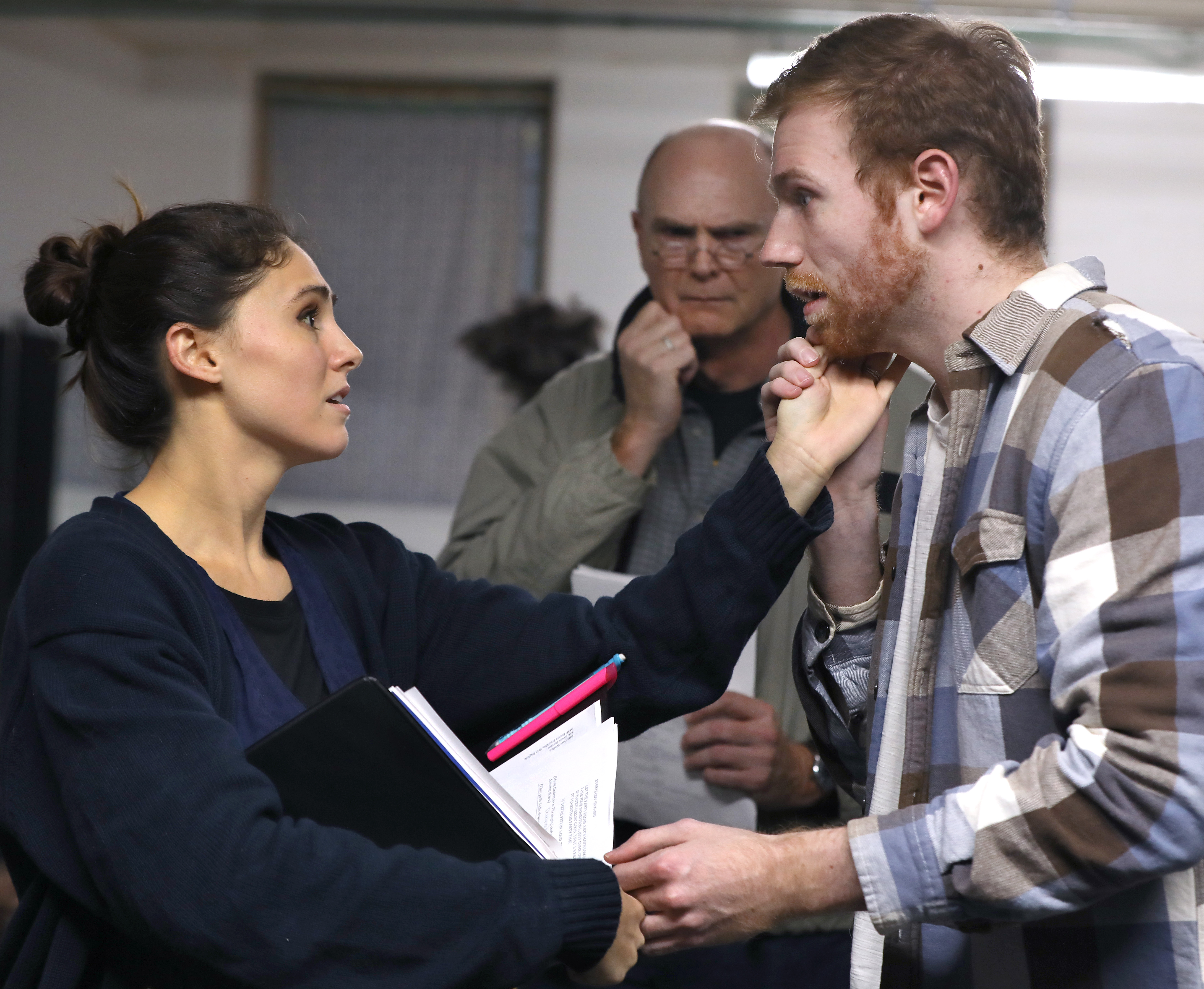 Brittney Santoro and Jonathan Acorn in rehearsal for "Dolly Parton's Smoky Mountain Christmas Carol."