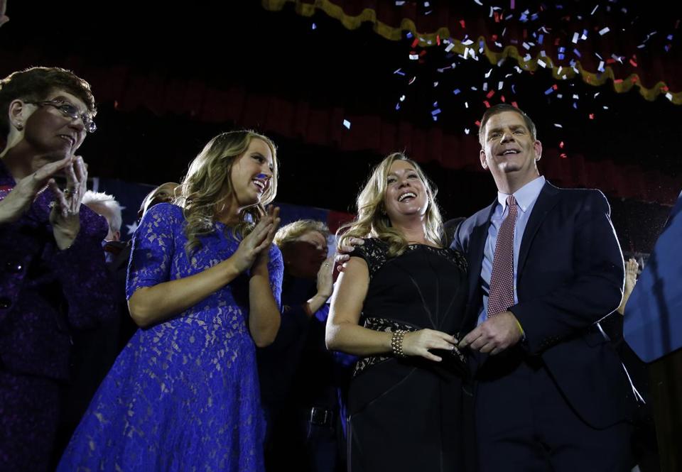 Martin J. Walsh embraced partner Lorrie Higgins on election night, calling her “the love of my life.”