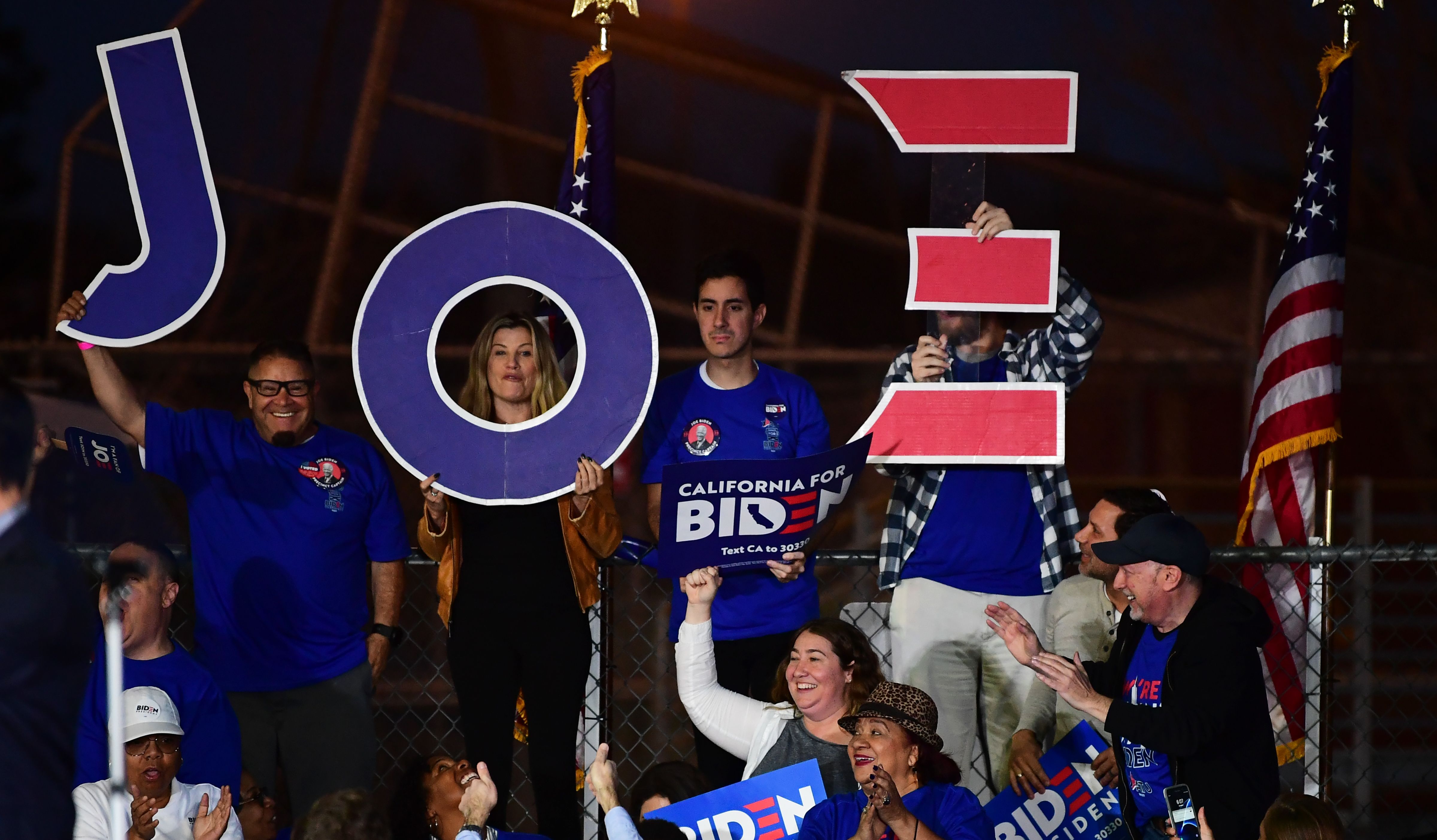 Supporters of former vice president Joe Biden await his arrival for a Super Tuesday event in Los Angeles on March 3.