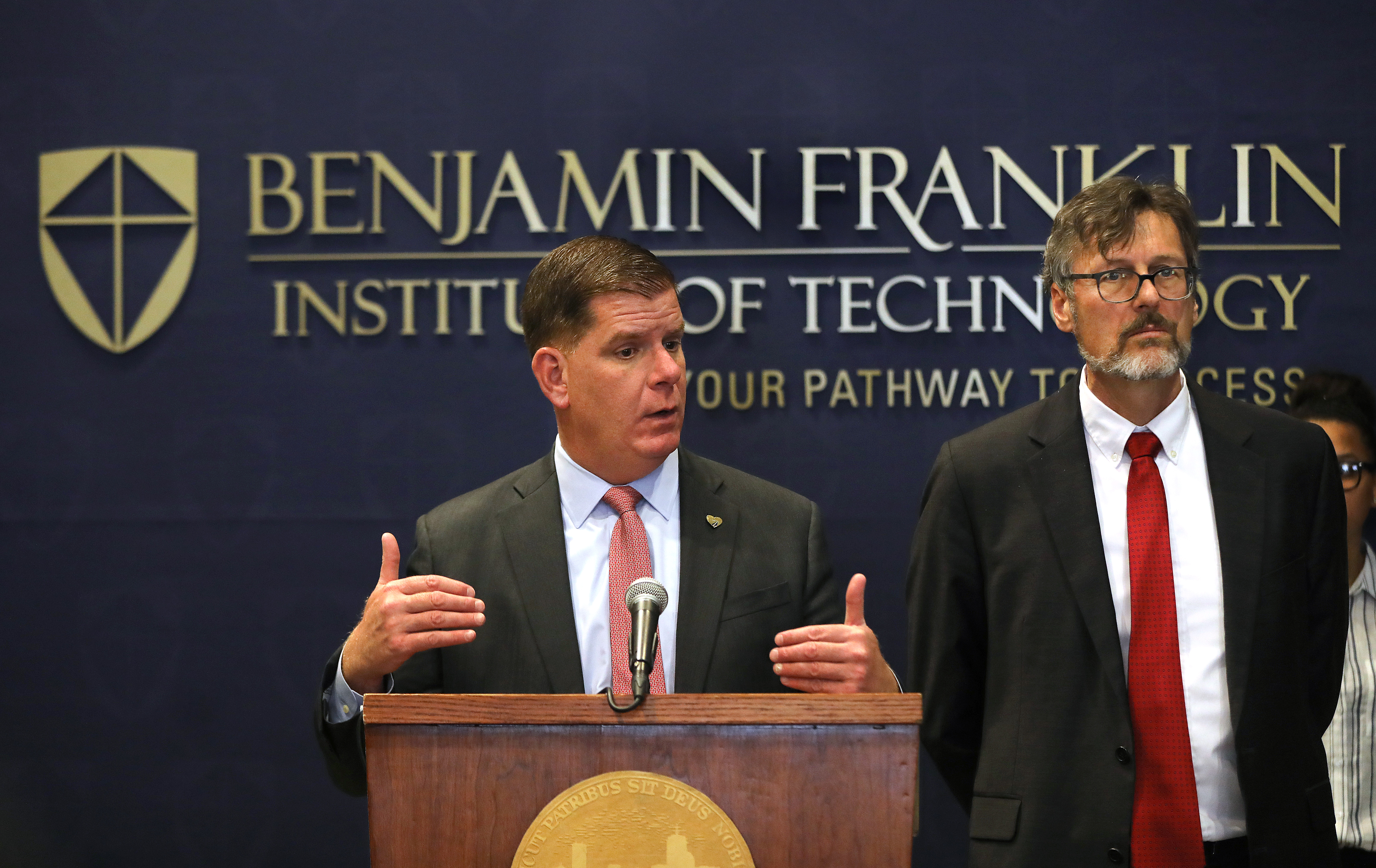 Boston Mayor Martin Walsh and Tony Benoit, president of the Benjamin Franklin Institute of Technology, spoke.