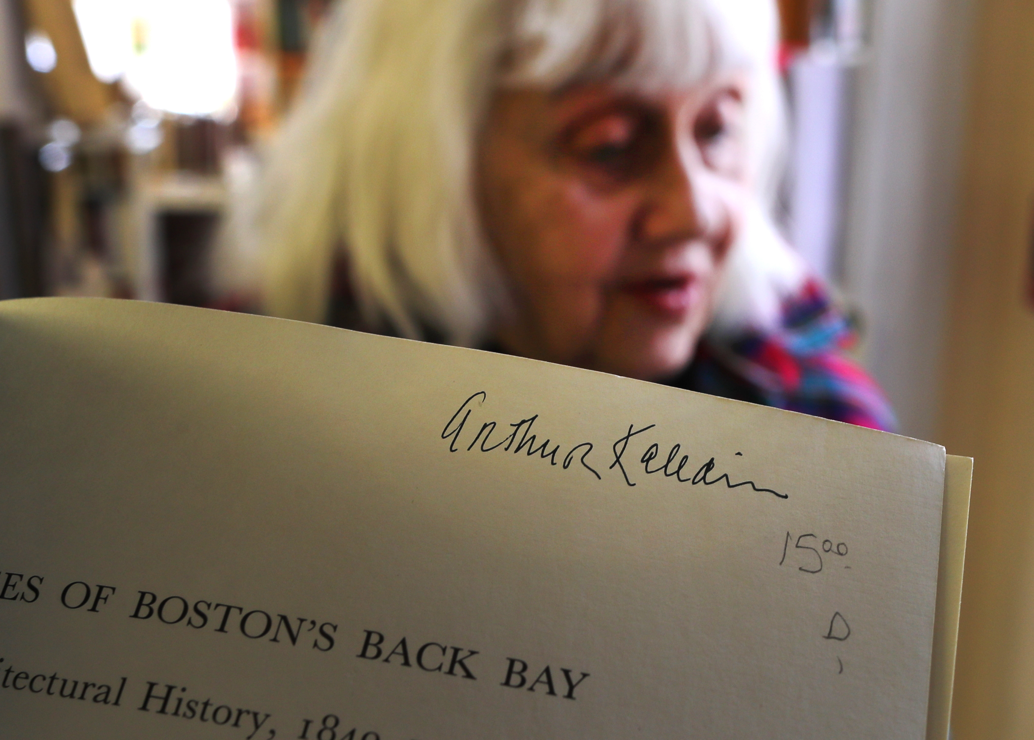 Arthur Kaledin’s signature remains in a book about houses in Boston’s Back Bay. The Barrow Book Store is selling the book after buying it from his former wife, Eugenia.