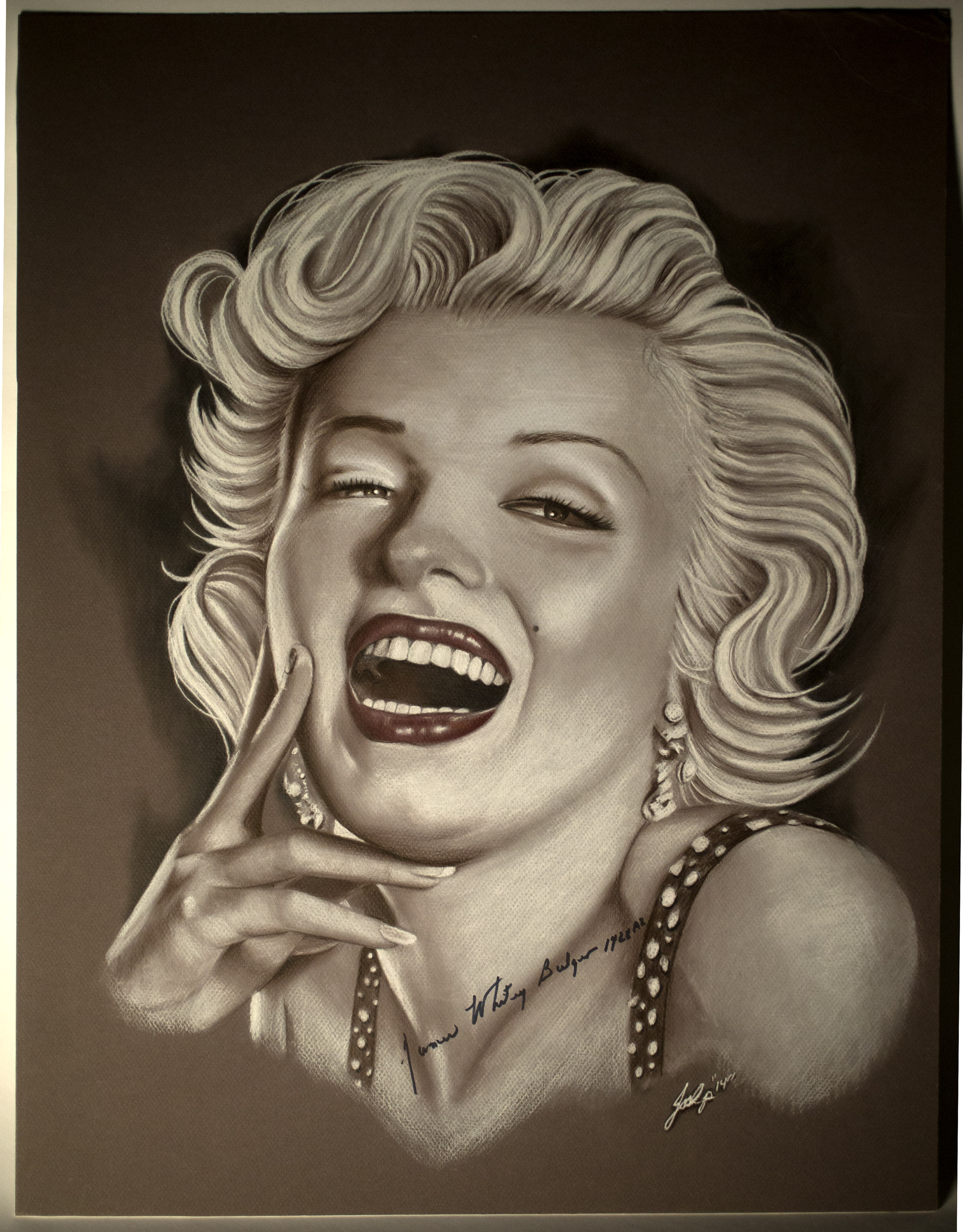 Inmate Josh Pietrantonio said James “Whitey” Bulger signed his portrait of Marilyn Monroe as a joke.