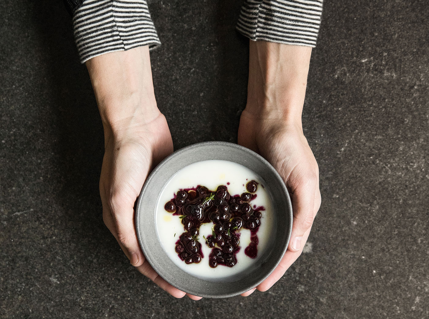 Malabi (milk pudding) with blueberries and thyme at Drifters Wife.