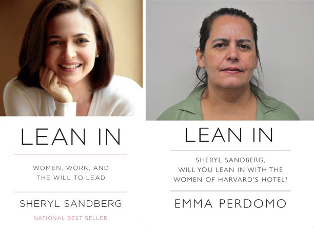 Emma Perdomo (right) is depicted on a fliter modeled after Sheryl Sandberg’s best-selling book (left).