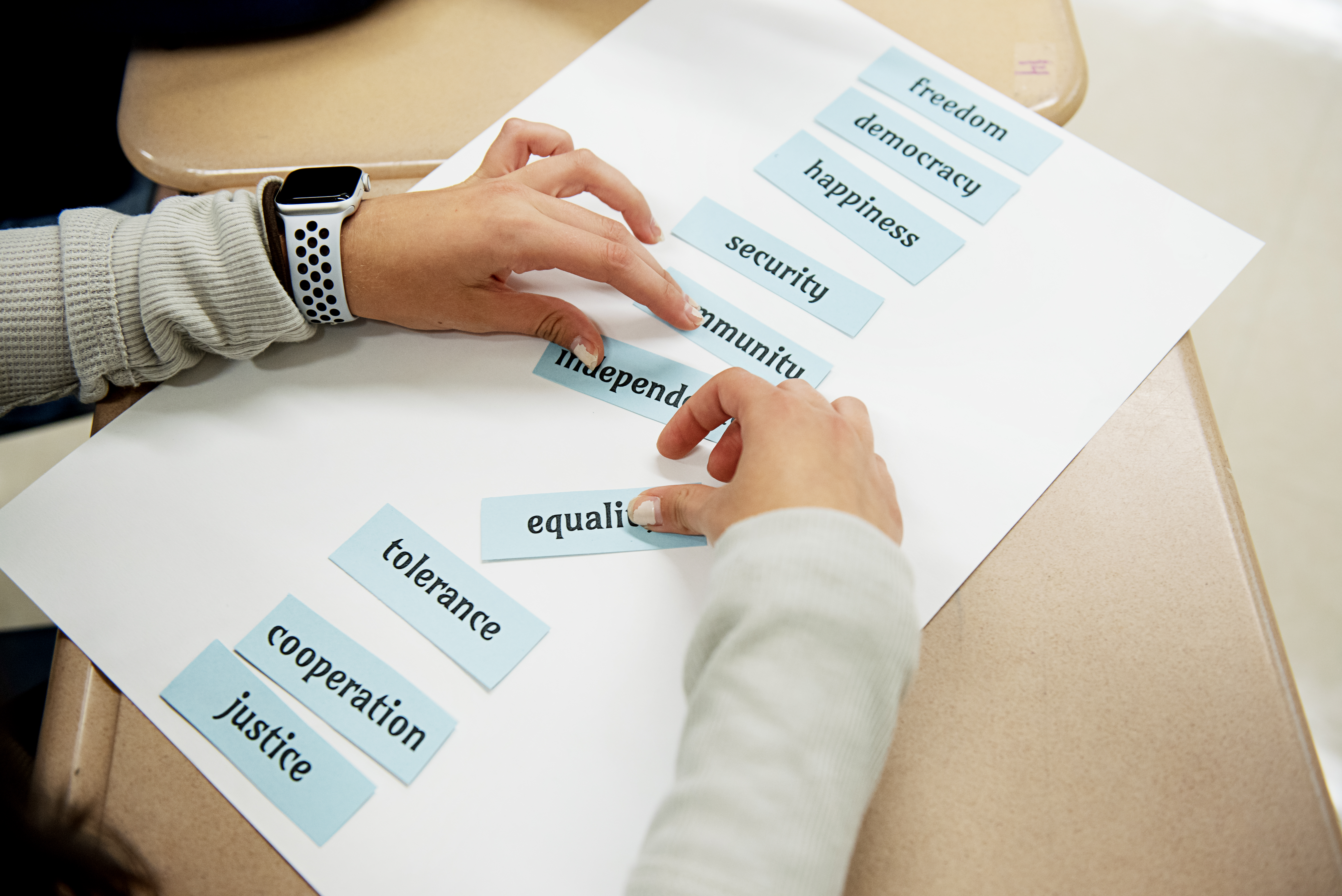 Students in Swan’s civics class work on ranking societal values.