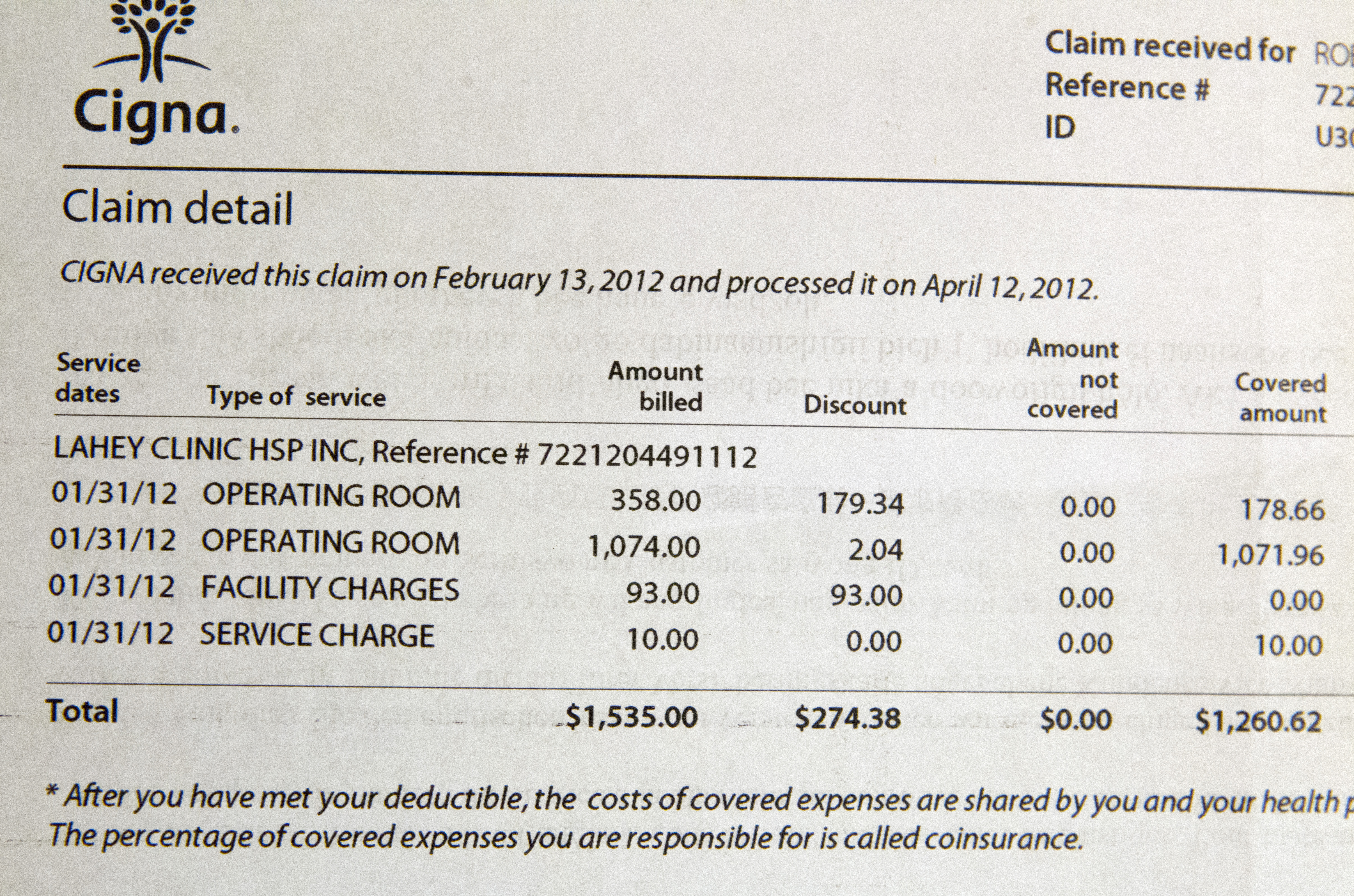 A photo of the bill that Robert Reed received from Lahey Clinic for the use of an operating room he didn’t visit.